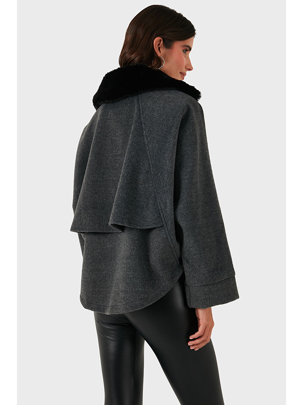 Antrasit Pamuk Karışımlı Oversize Kürklü Yaka Yarasa Kol Kışa Kaşe Mont 6839660-4