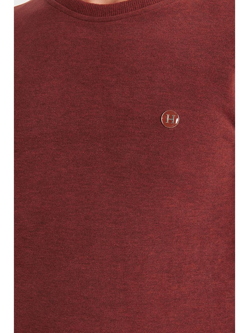 Kahverengi Erkek Slim Fit Dar Kesim Pamuklu Selanik Kumaş Bisiklet Yaka Kiremit Sweatshirt-2