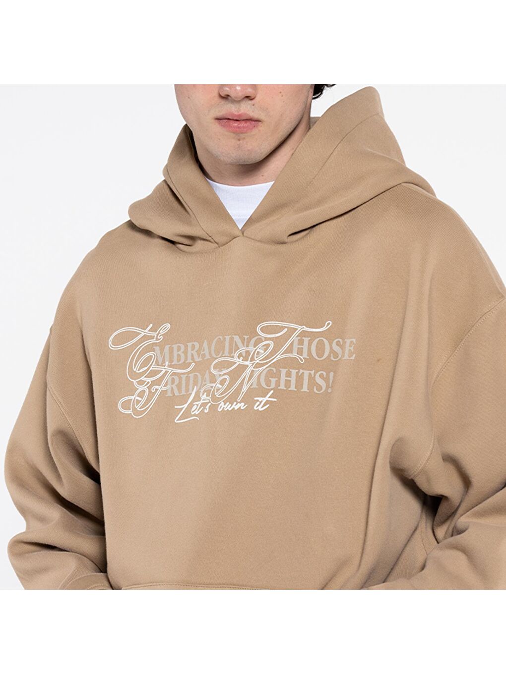 Friday Offset Noche Erkek Koyu Bej Kanguru Cepli Kapüşonlu Ekstra Oversize Sweatshirt Hoodie - 3
