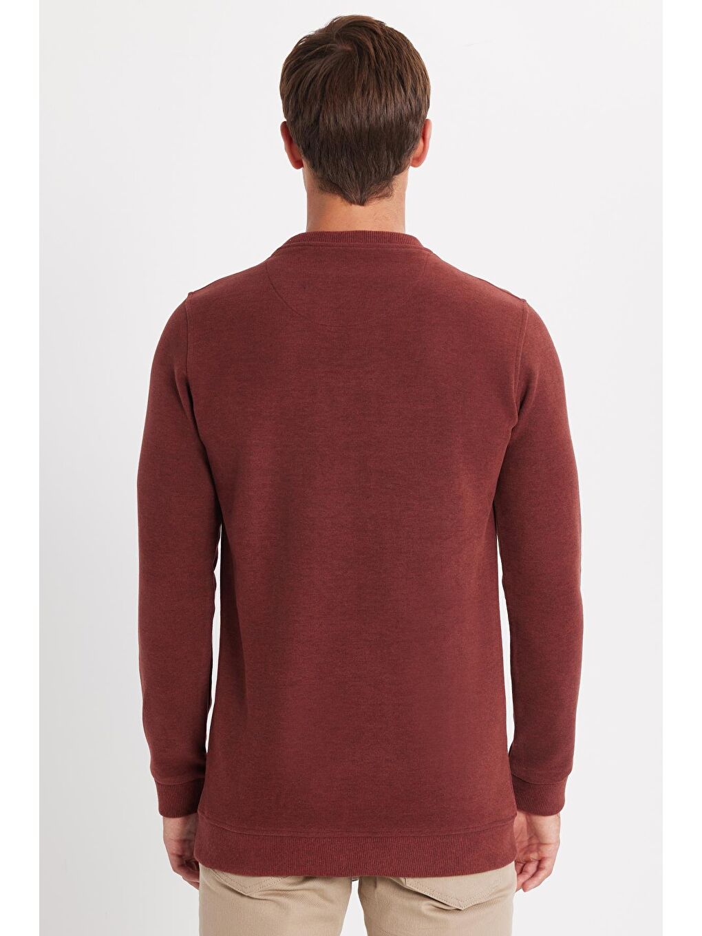 Kahverengi Erkek Slim Fit Dar Kesim Pamuklu Selanik Kumaş Bisiklet Yaka Kiremit Sweatshirt-4