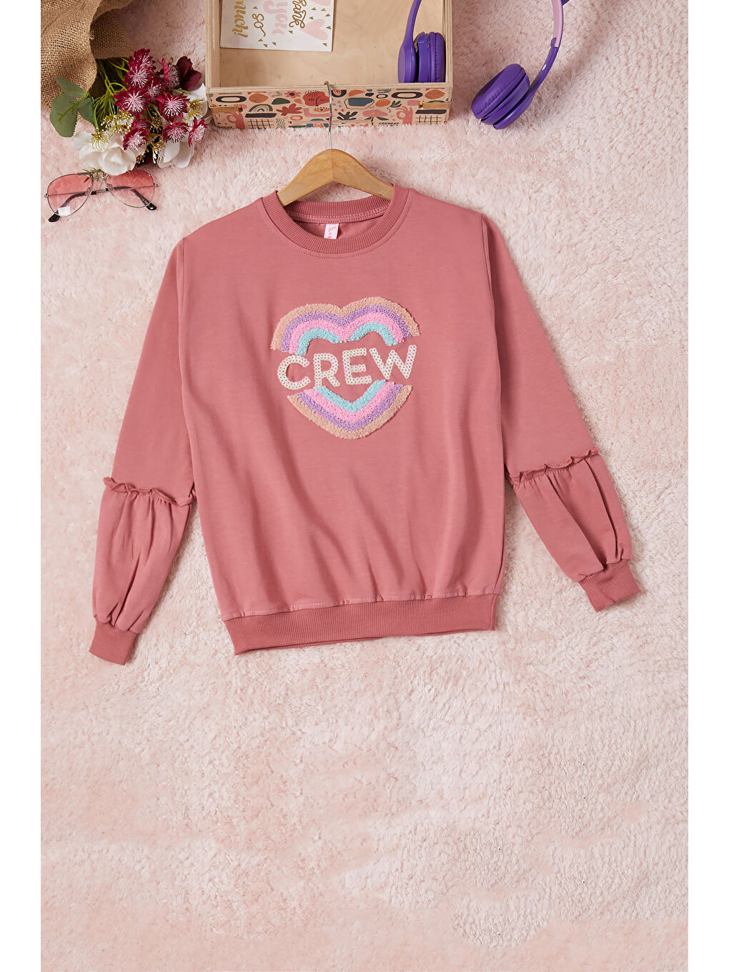 Pembe Life Kids Club Pembe Gül Kurusu Renkli Kalp Desenli Payetli Kız Çocuk Sweatshirt 16695