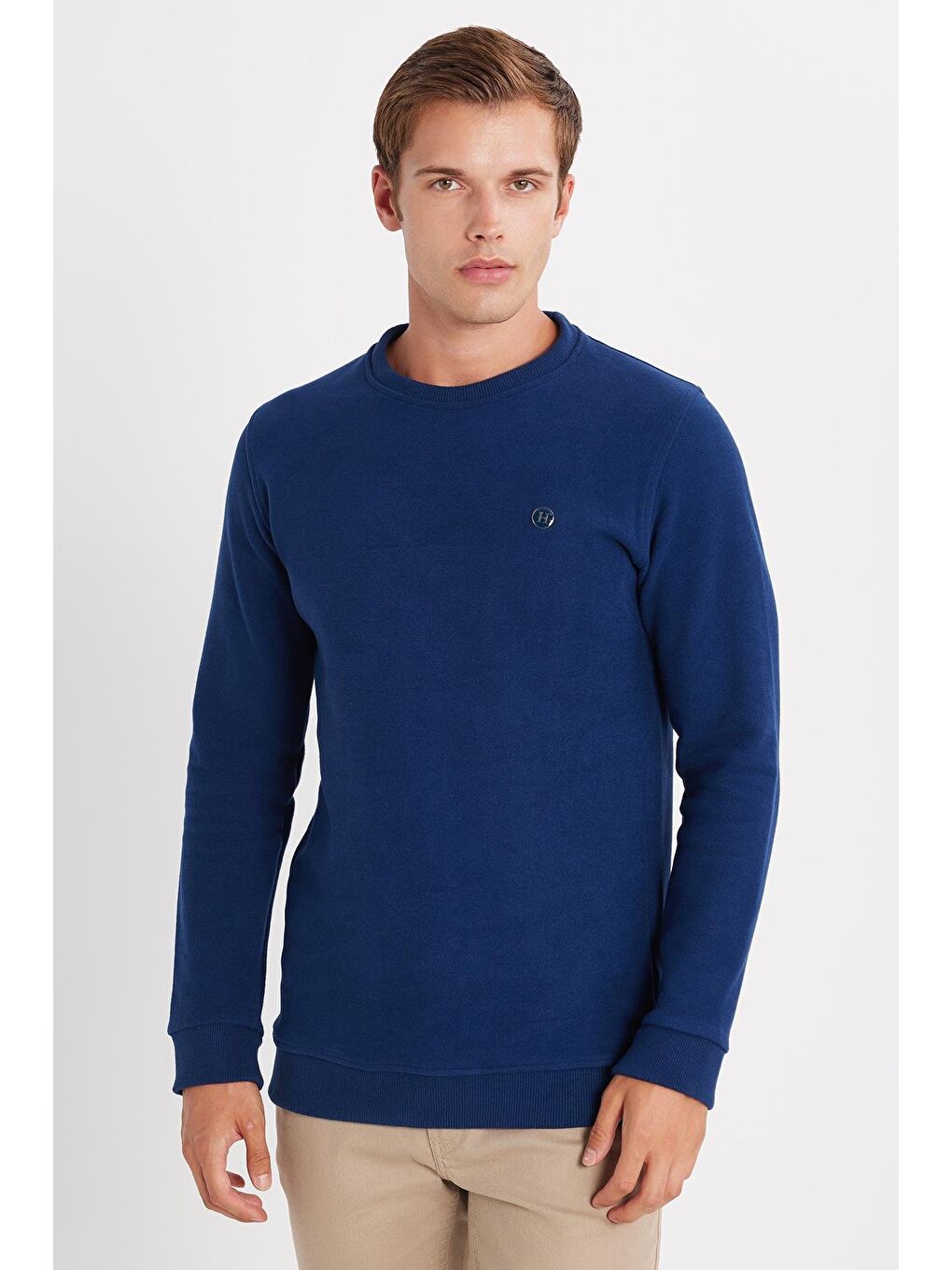 Erkek Slim Fit Dar Kesim Pamuklu Selanik Kumaş Bisiklet Yaka İndigo Sweatshirt-3