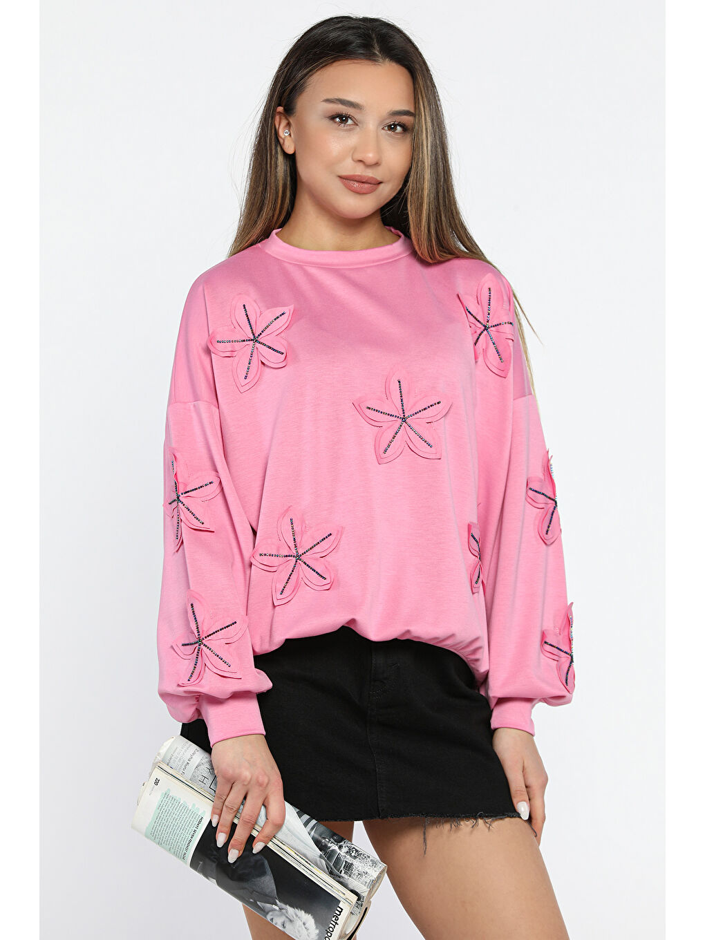 GÜLSELİ Pembe Çiçek Motifli Kadın Sweatshirt