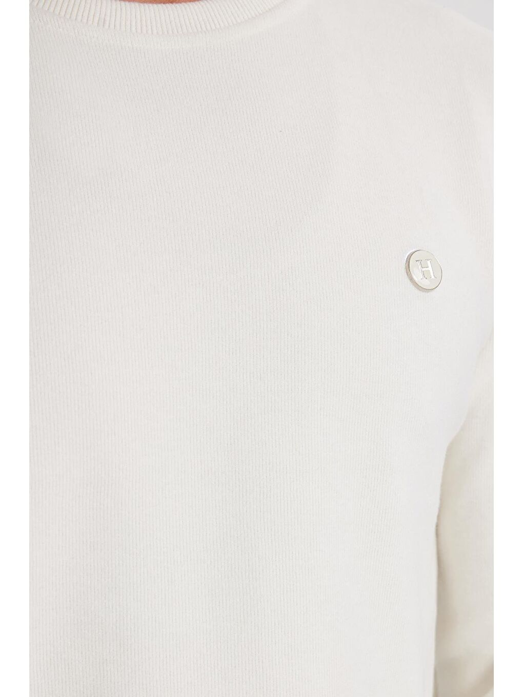 Erkek Slim Fit Dar Kesim Pamuklu Selanik Kumaş Bisiklet Yaka Ekru Sweatshirt-2