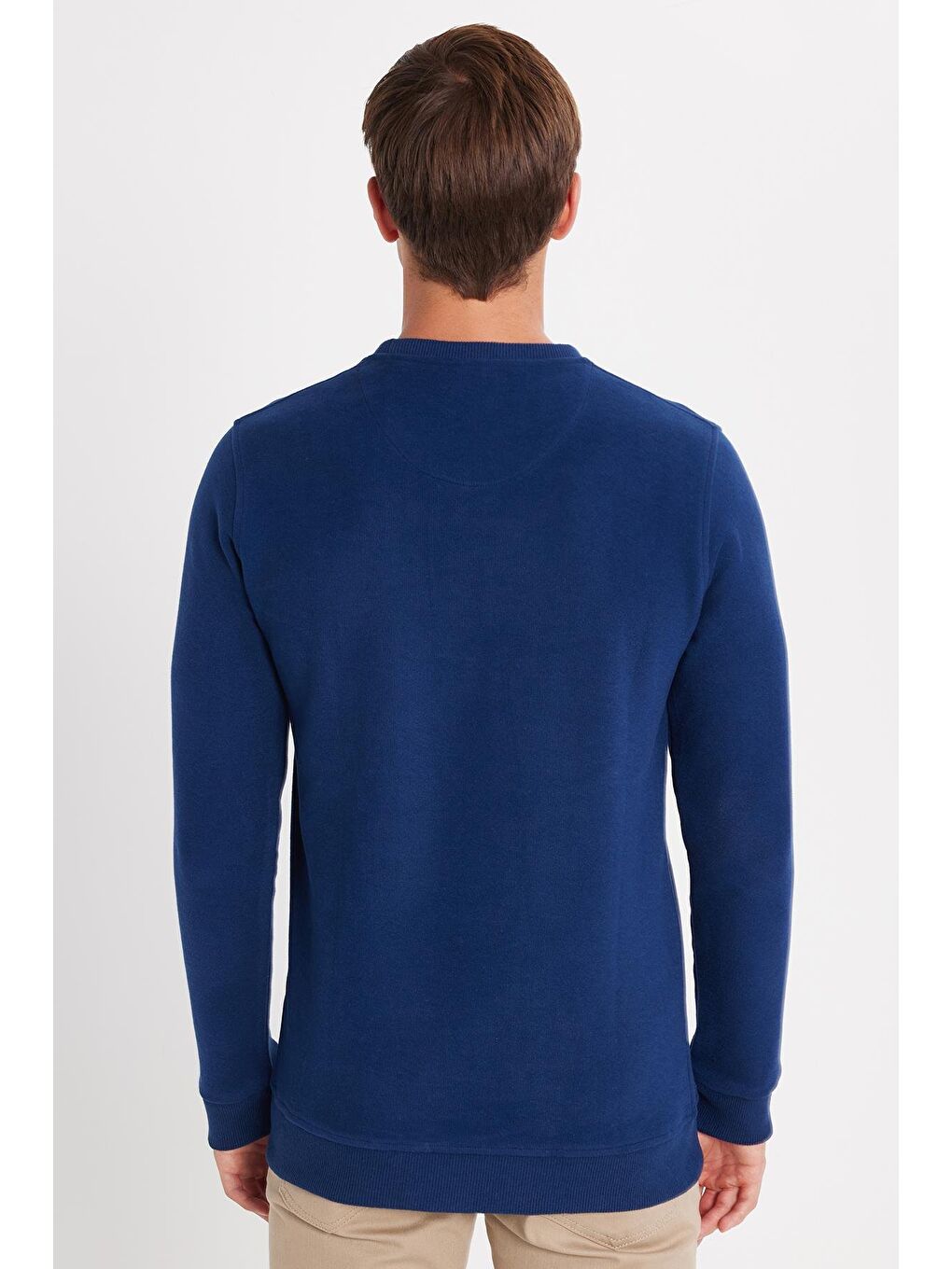 Erkek Slim Fit Dar Kesim Pamuklu Selanik Kumaş Bisiklet Yaka İndigo Sweatshirt-4