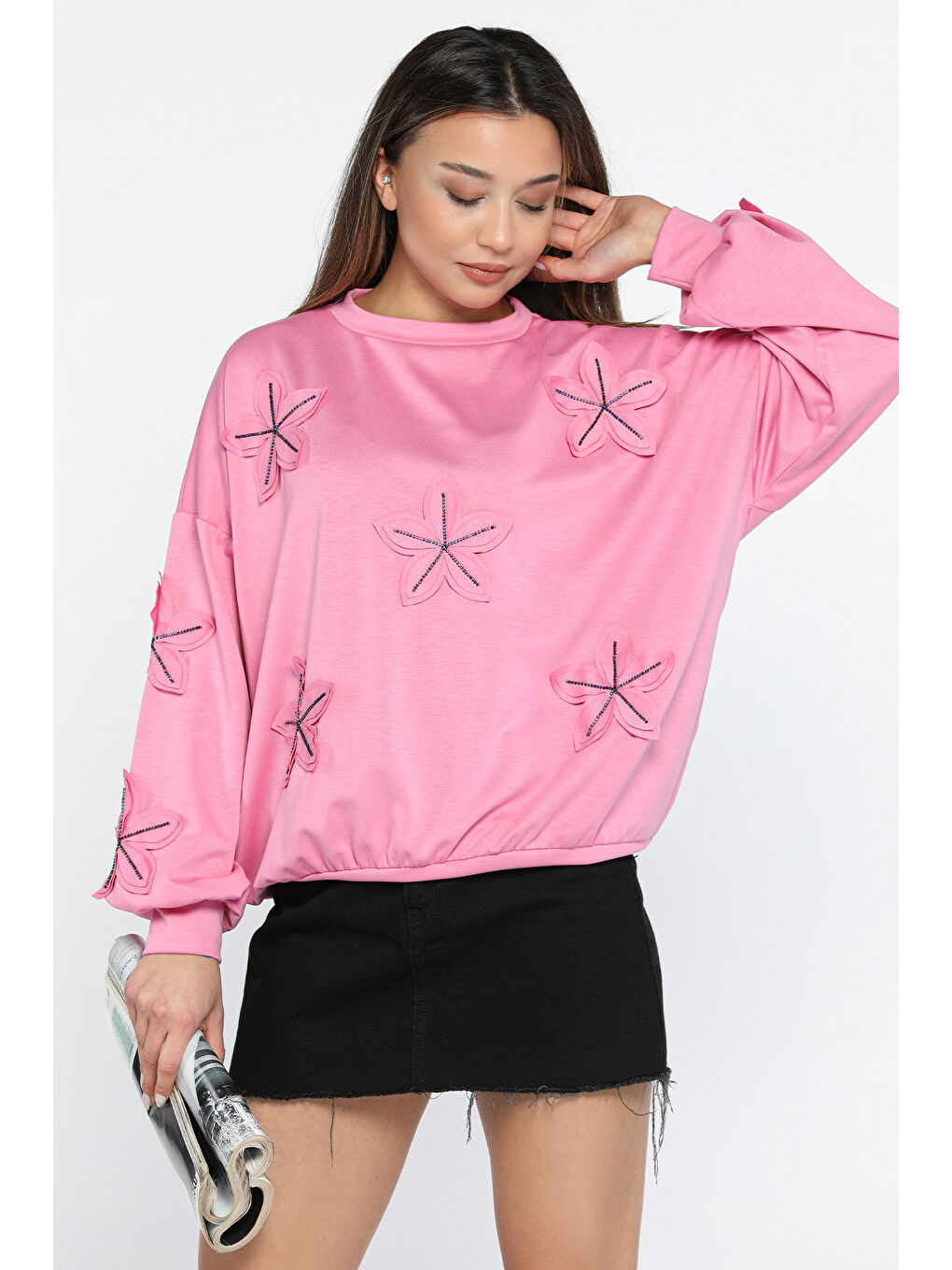 GÜLSELİ Pembe Çiçek Motifli Kadın Sweatshirt - 1