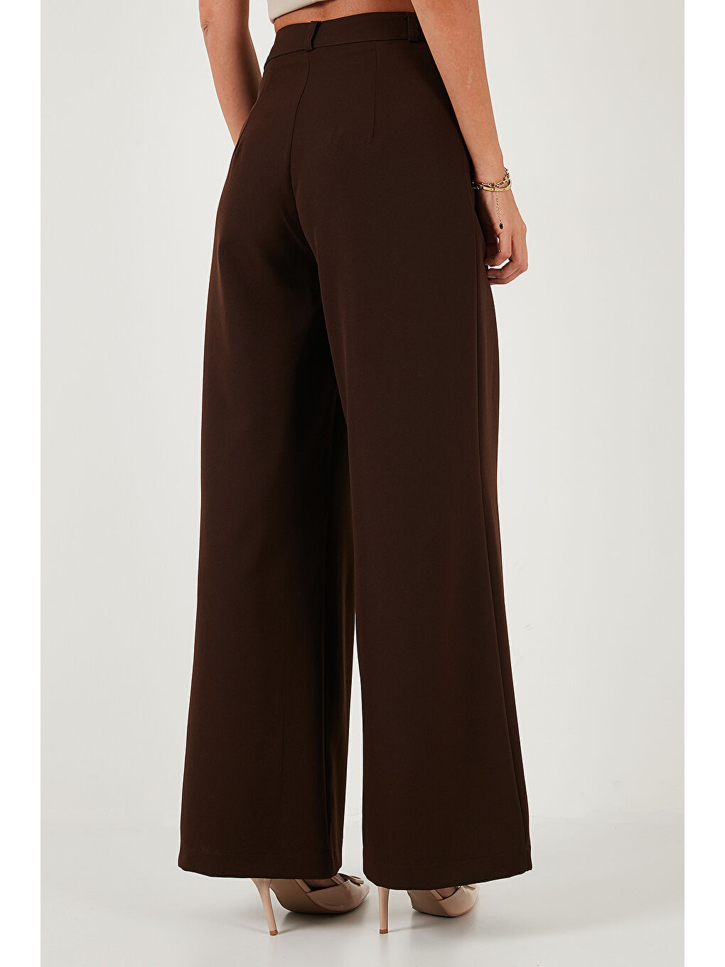 Kahverengi Pile Detaylı Wide Leg Yüksek Bel Geniş Paça Pantolon 6522016-5