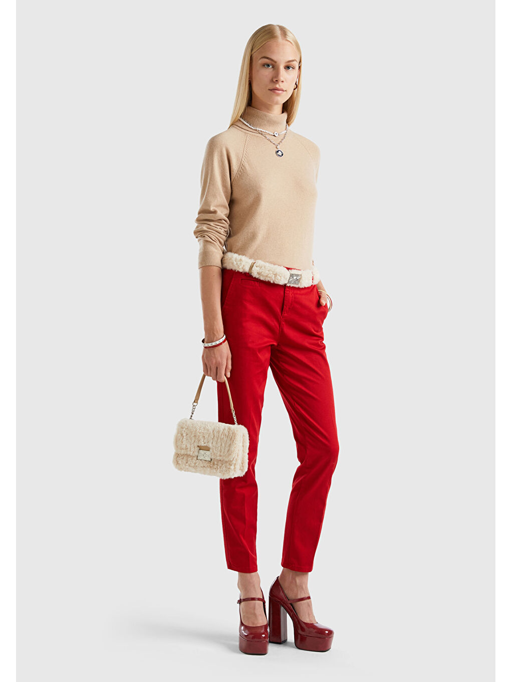 Kadın Bordo Elastanlı Basic Chino Pantolon-4