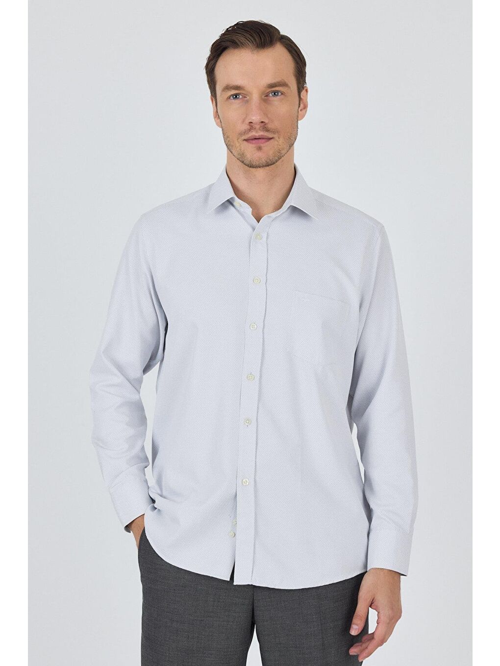 Gri Uzun Kol Desenli Armürlü Sert Yaka Cepli Pamuklu Classic Comfort Fit Gömlek 1004250183