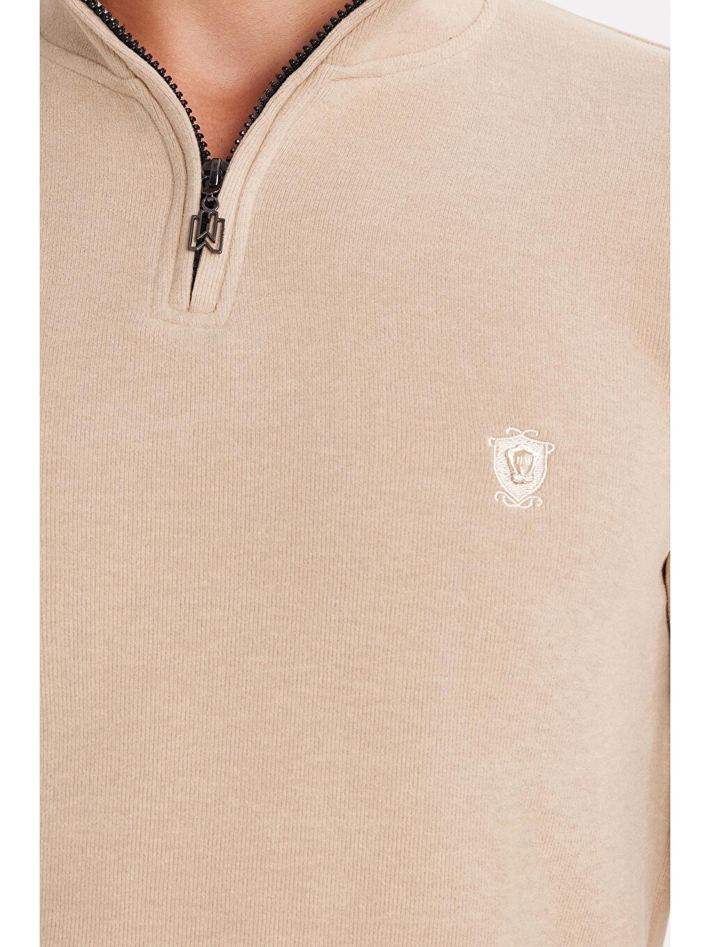 Bej Erkek Slim Fit Dar Kesim Pamuklu Selanik Kumaş Yarım Fermuarlı Taş Dik Yaka Sweatshirt-2