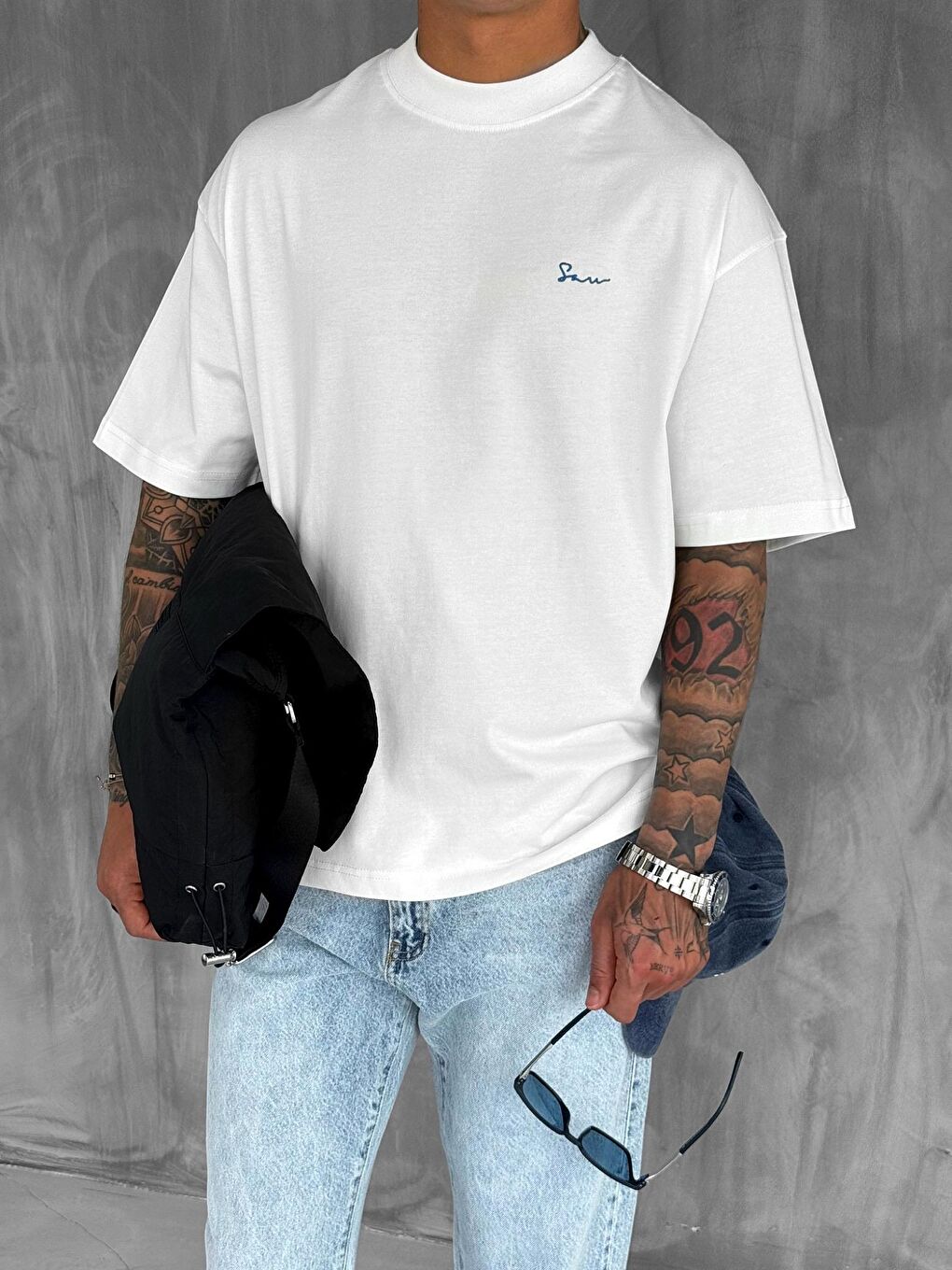 Erkek Sırtı Yamalı Oversize T-Shirt Beyaz-3