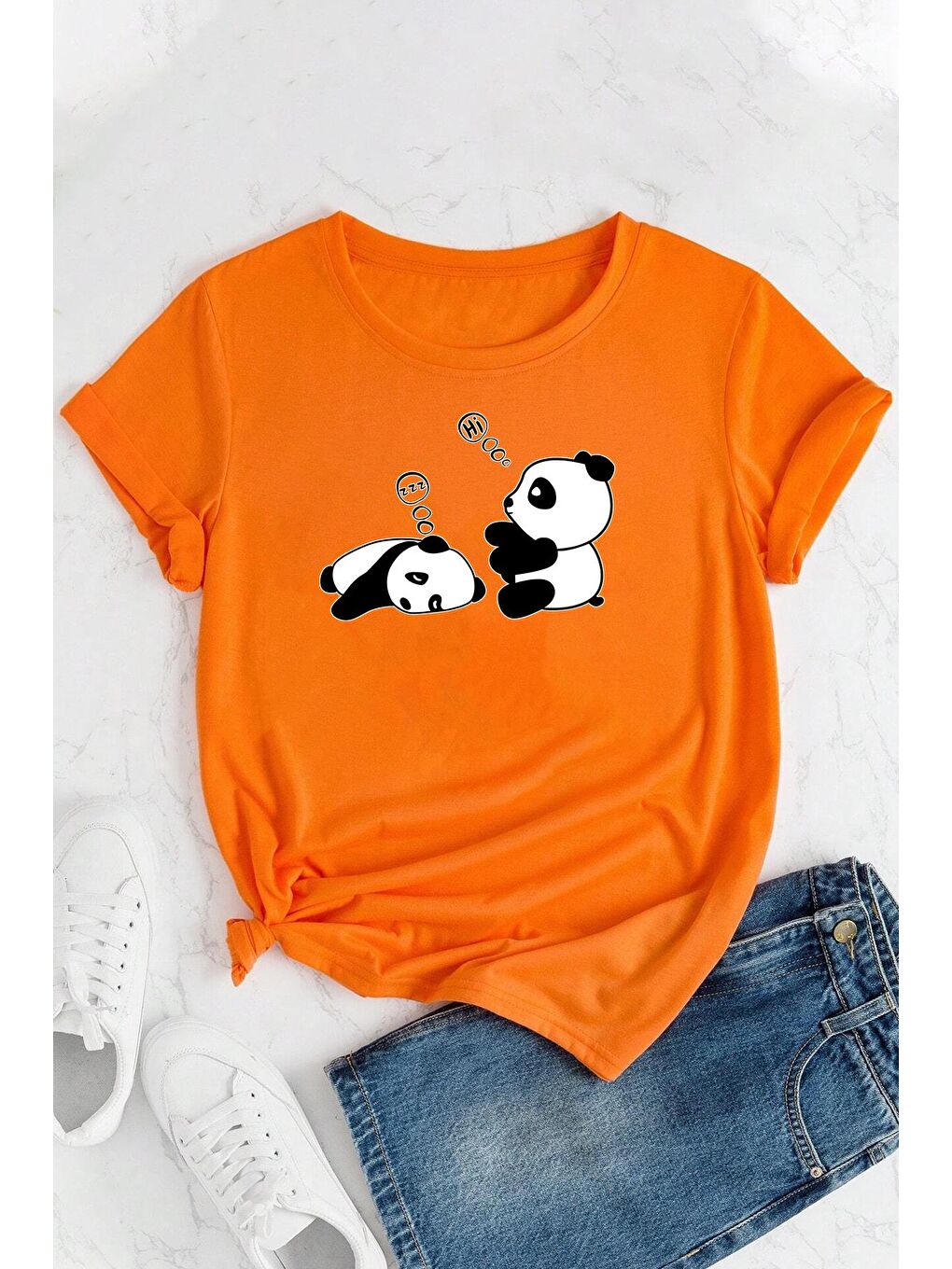 uyguntarz Turuncu Uykucu Panda Baskılı Tasarım Tshirt