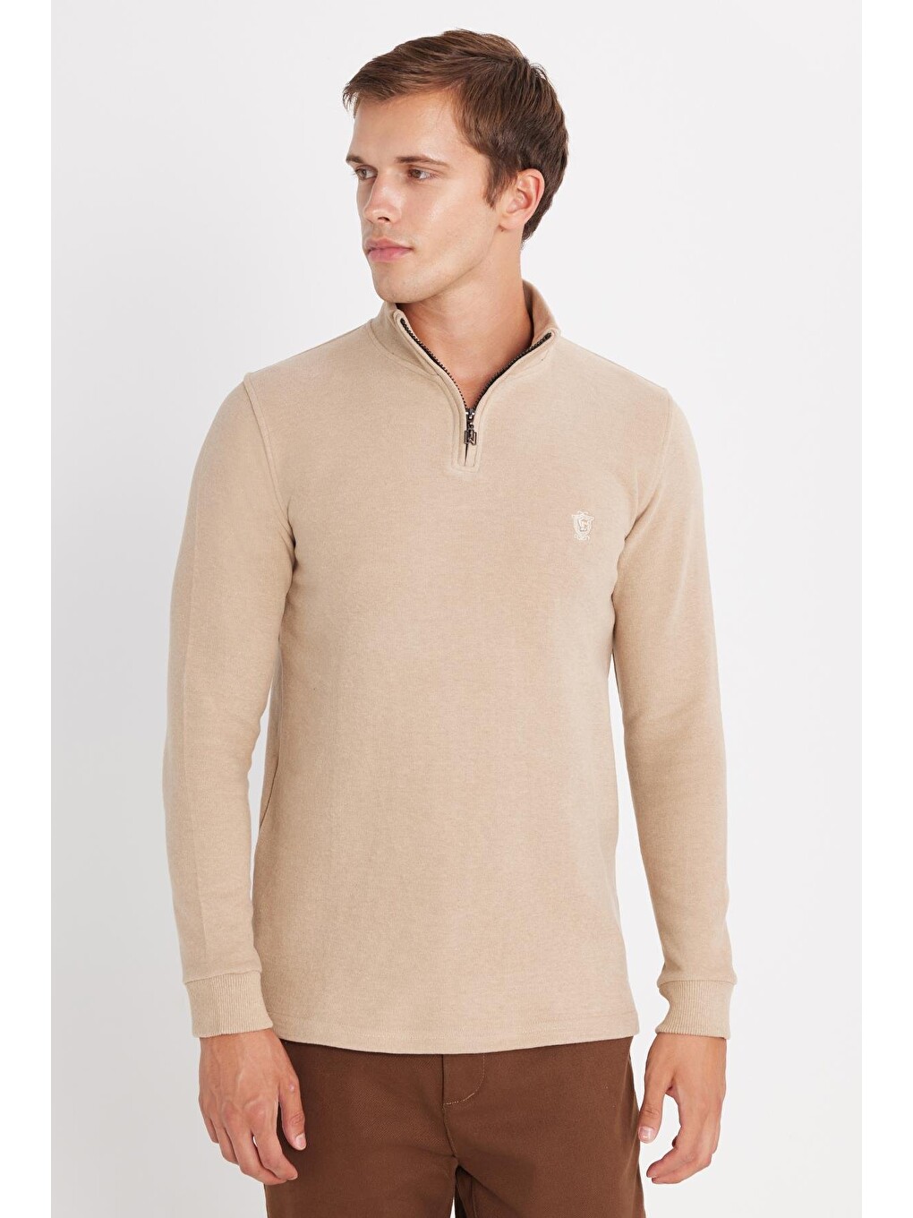 Bej Erkek Slim Fit Dar Kesim Pamuklu Selanik Kumaş Yarım Fermuarlı Taş Dik Yaka Sweatshirt-3