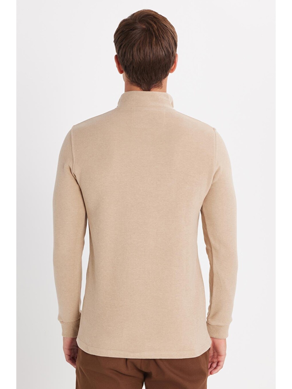 Bej Erkek Slim Fit Dar Kesim Pamuklu Selanik Kumaş Yarım Fermuarlı Taş Dik Yaka Sweatshirt-4