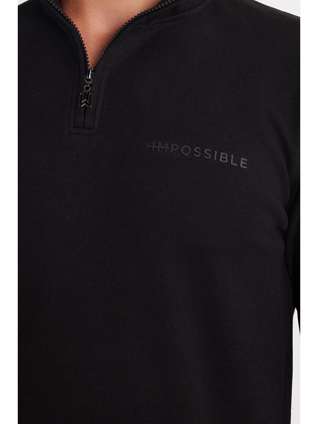 Erkek Slim Fit Dar Kesim Pamuklu Yarım Fermuarlı Dik Yaka Siyah Sweatshirt-2