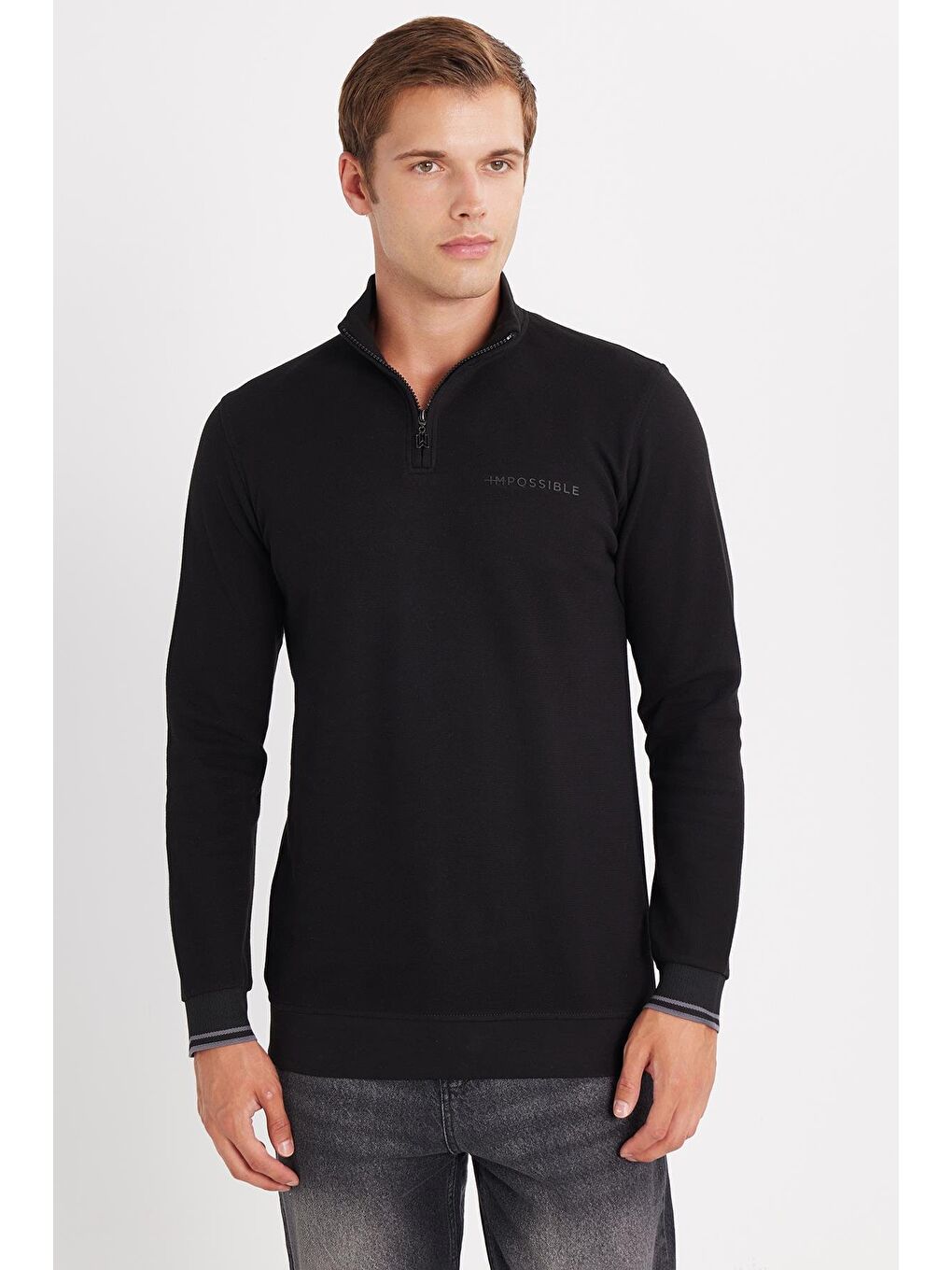 Erkek Slim Fit Dar Kesim Pamuklu Yarım Fermuarlı Dik Yaka Siyah Sweatshirt-3