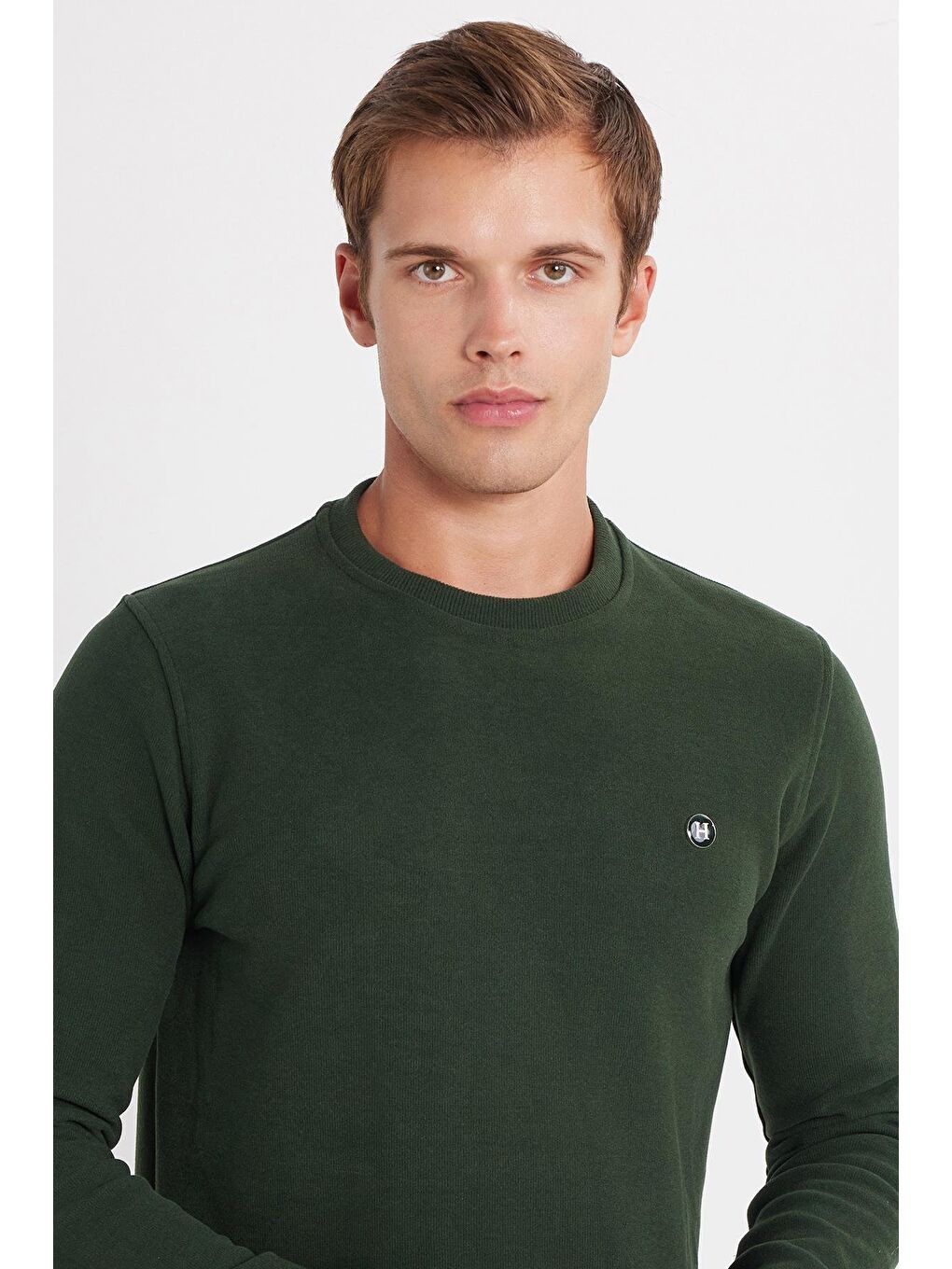 Erkek Slim Fit Dar Kesim Pamuklu Selanik Kumaş Bisiklet Yaka Yeşil Sweatshirt-1