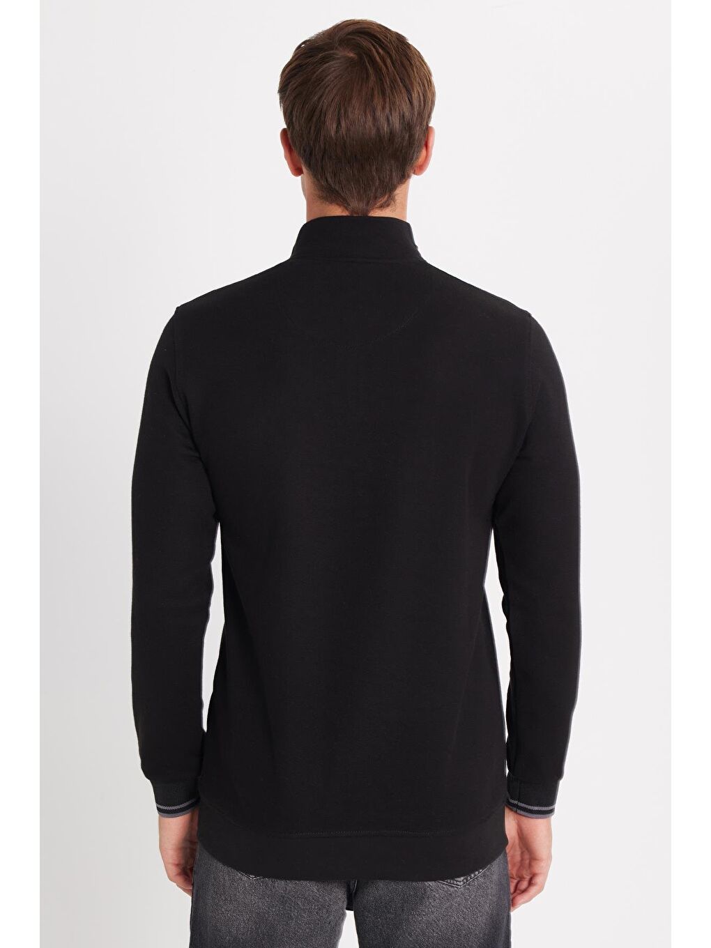Erkek Slim Fit Dar Kesim Pamuklu Yarım Fermuarlı Dik Yaka Siyah Sweatshirt-4
