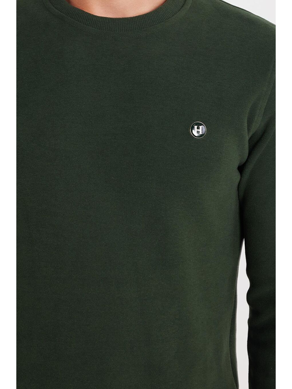 Erkek Slim Fit Dar Kesim Pamuklu Selanik Kumaş Bisiklet Yaka Yeşil Sweatshirt-2