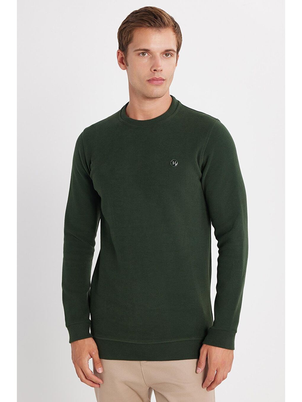 Erkek Slim Fit Dar Kesim Pamuklu Selanik Kumaş Bisiklet Yaka Yeşil Sweatshirt-3