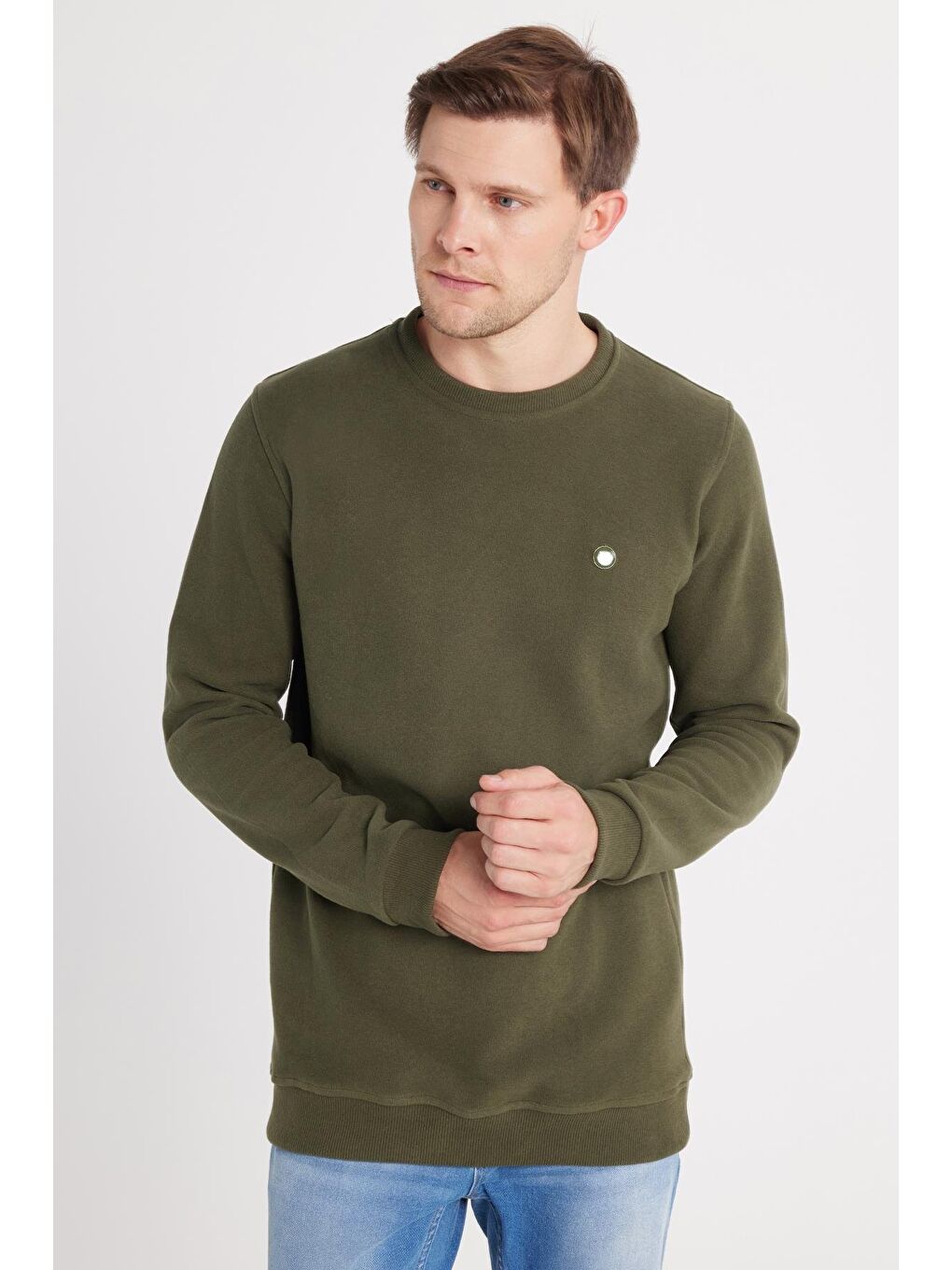 Erkek Slim Fit Dar Kesim Pamuklu Selanik Kumaş Bisiklet Yaka Haki Sweatshirt