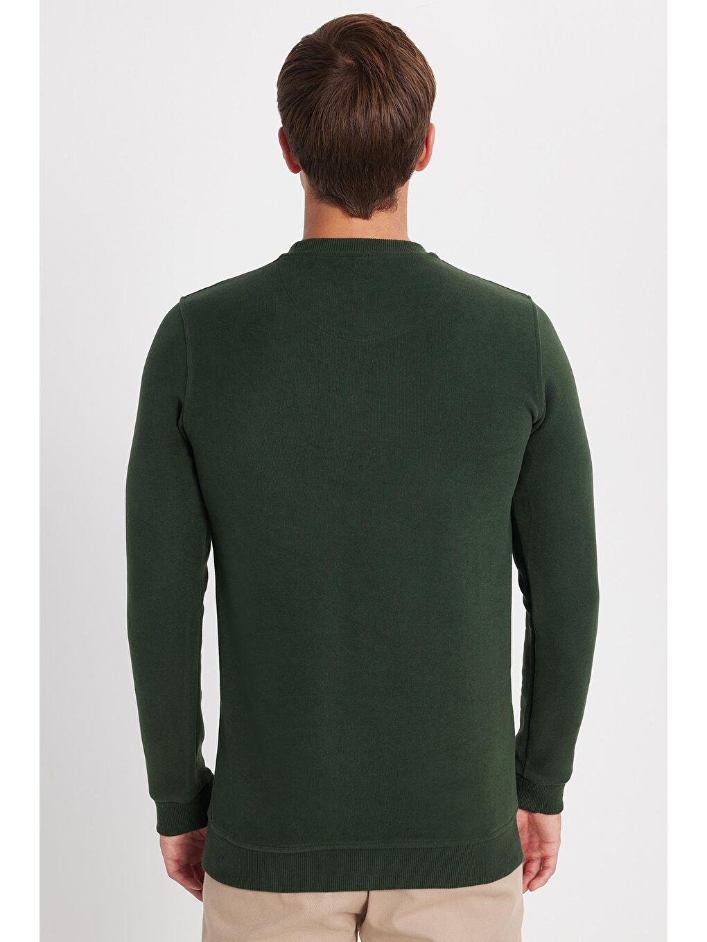 Erkek Slim Fit Dar Kesim Pamuklu Selanik Kumaş Bisiklet Yaka Yeşil Sweatshirt-4