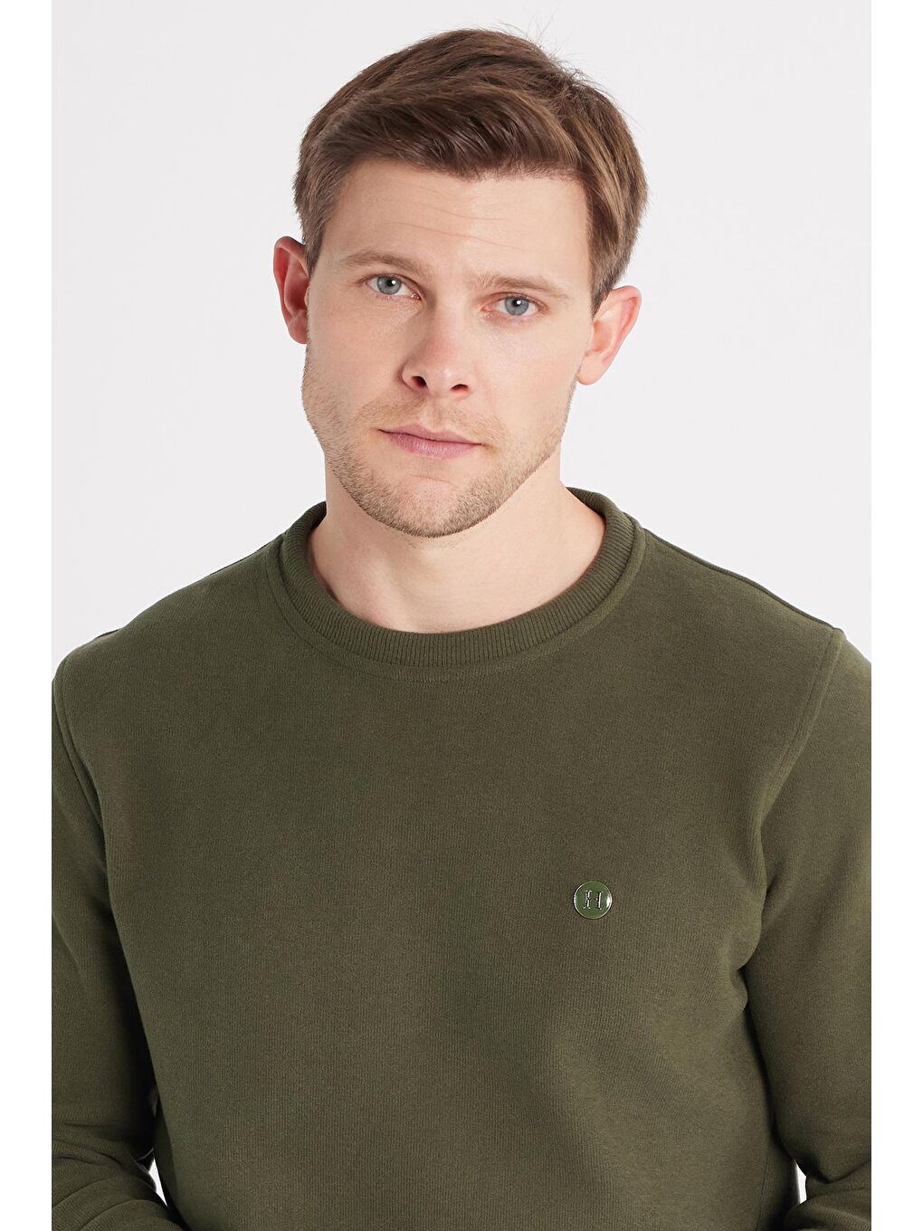 Erkek Slim Fit Dar Kesim Pamuklu Selanik Kumaş Bisiklet Yaka Haki Sweatshirt-1