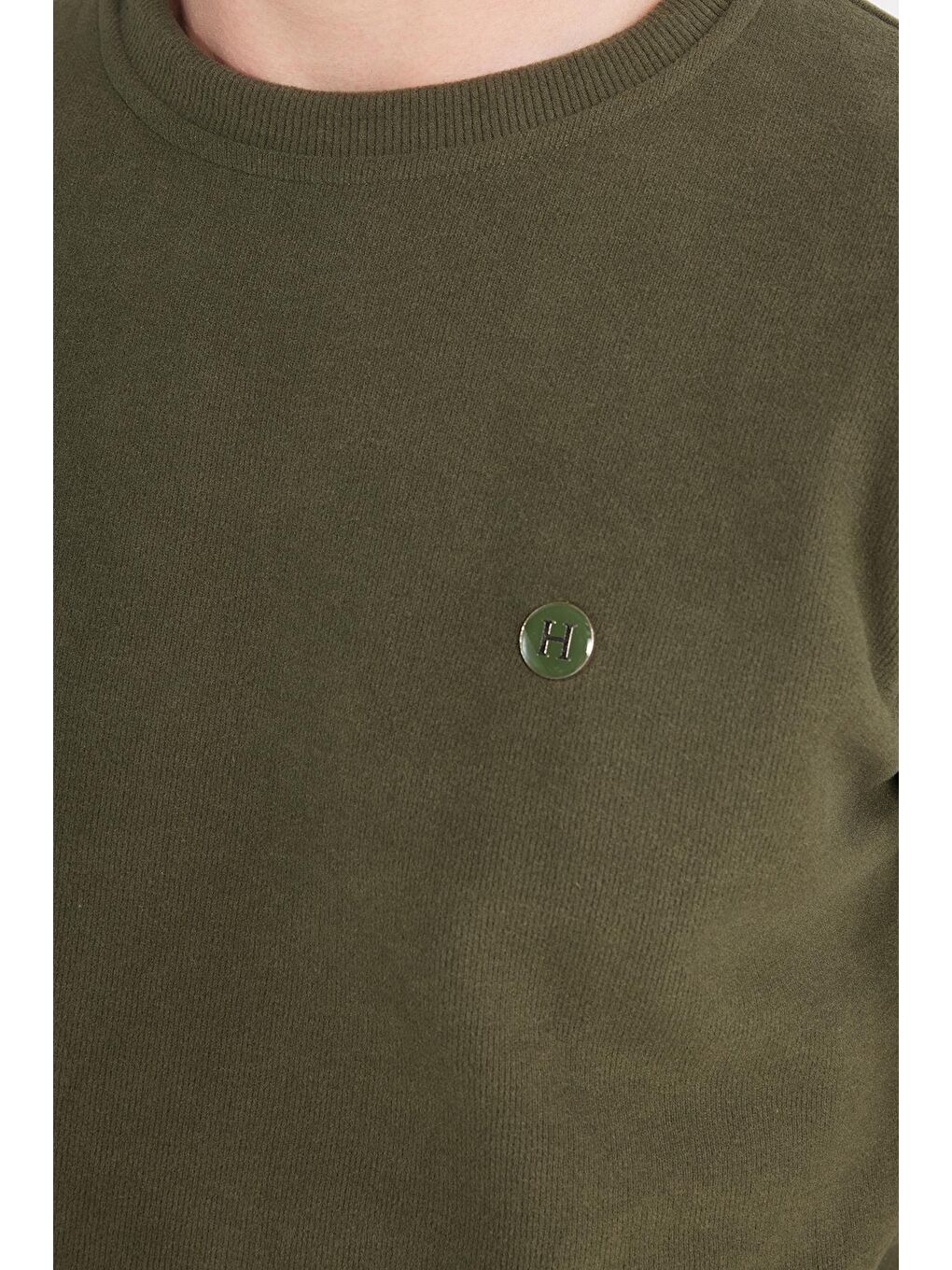 Erkek Slim Fit Dar Kesim Pamuklu Selanik Kumaş Bisiklet Yaka Haki Sweatshirt-2