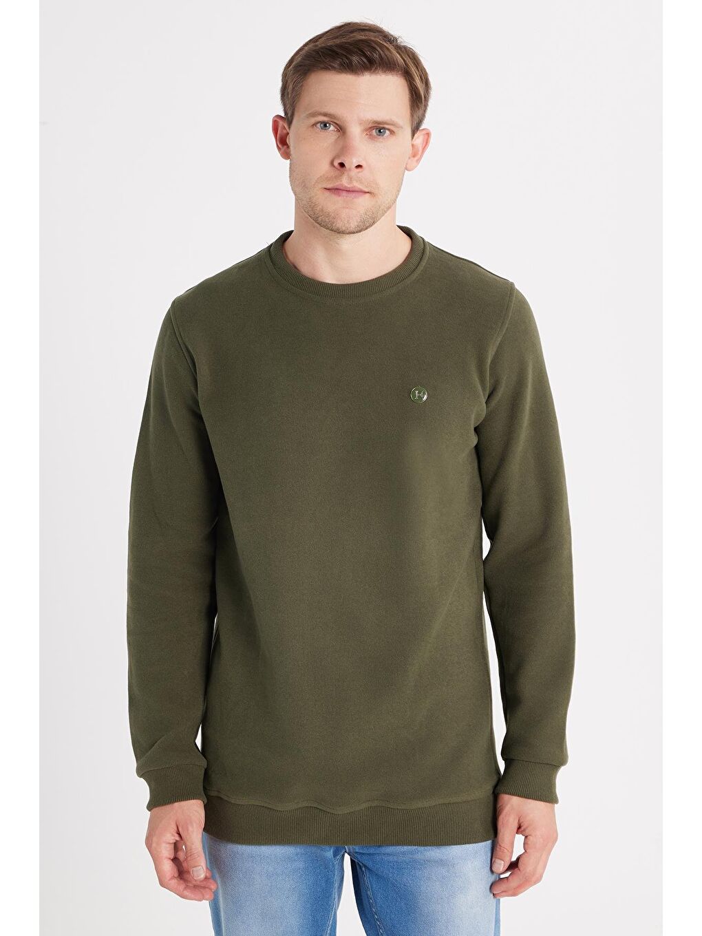 Erkek Slim Fit Dar Kesim Pamuklu Selanik Kumaş Bisiklet Yaka Haki Sweatshirt-3