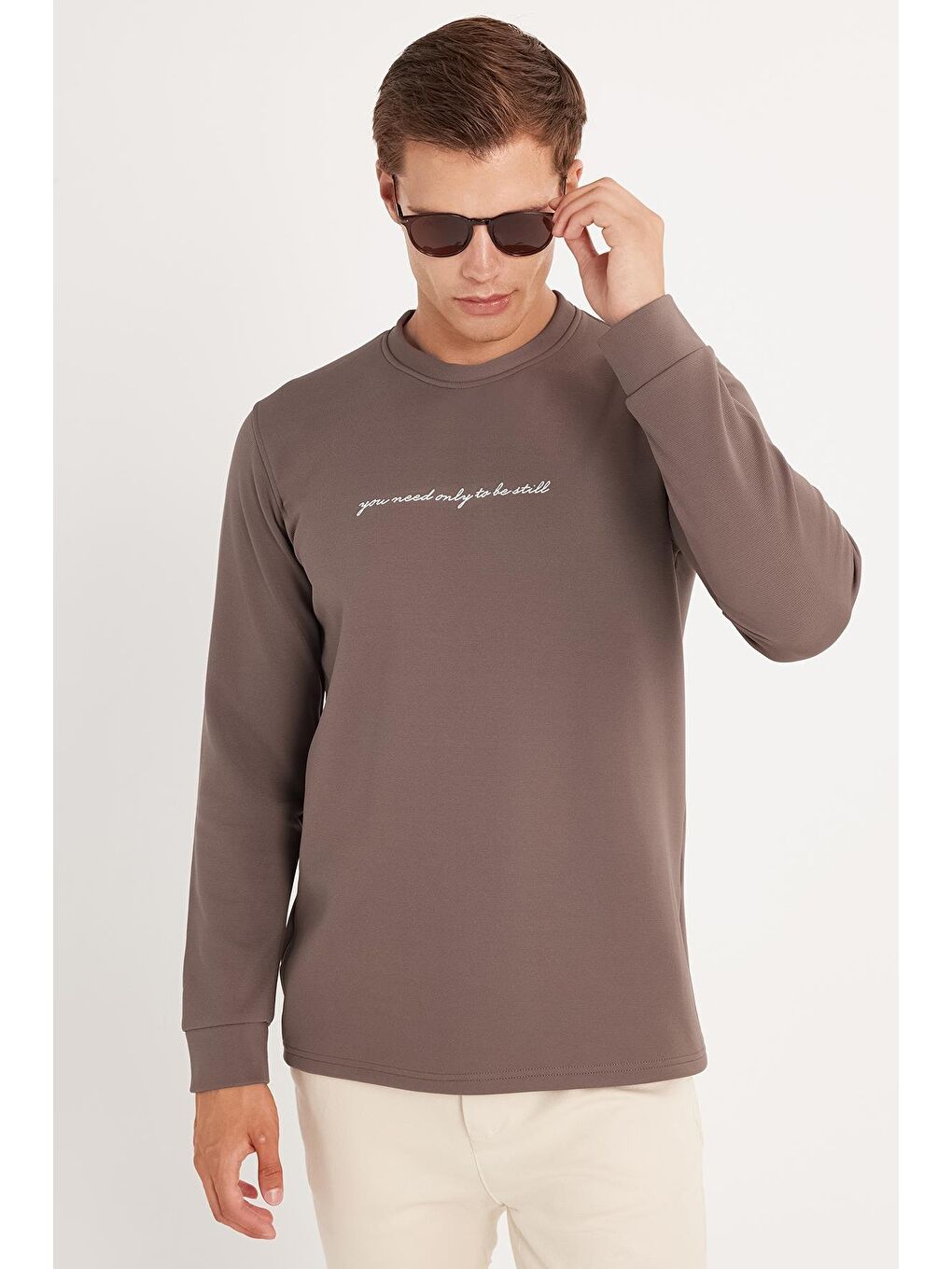 Ekru Erkek Standart Fit Pamuklu Bisiklet Yaka Şardonlu Baskılı Açık Kahverengi Sweatshirt-3