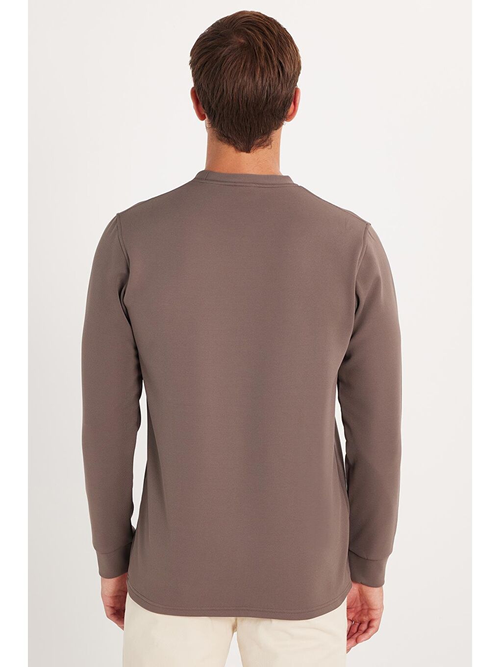 Ekru Erkek Standart Fit Pamuklu Bisiklet Yaka Şardonlu Baskılı Açık Kahverengi Sweatshirt-4