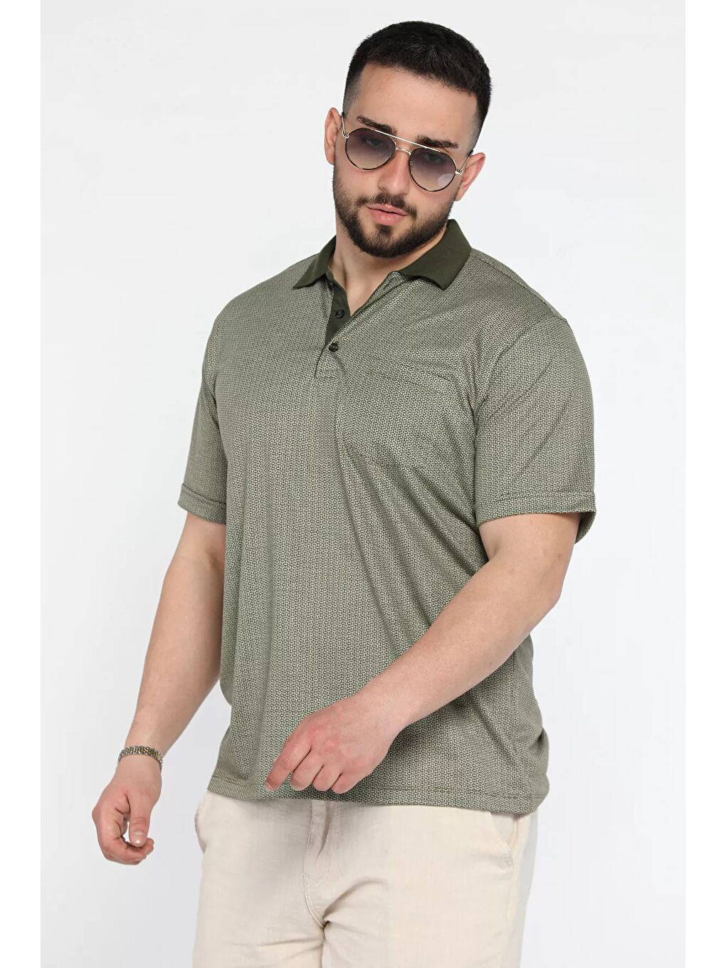 Haki Erkek Polo Yaka Tek Cepli Kendinden Desenli Tişört