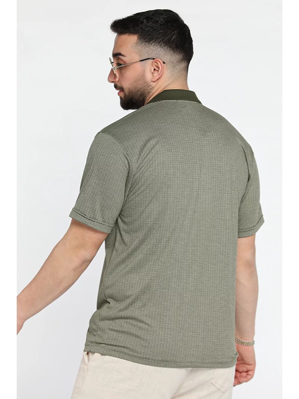 Haki Erkek Polo Yaka Tek Cepli Kendinden Desenli Tişört-2