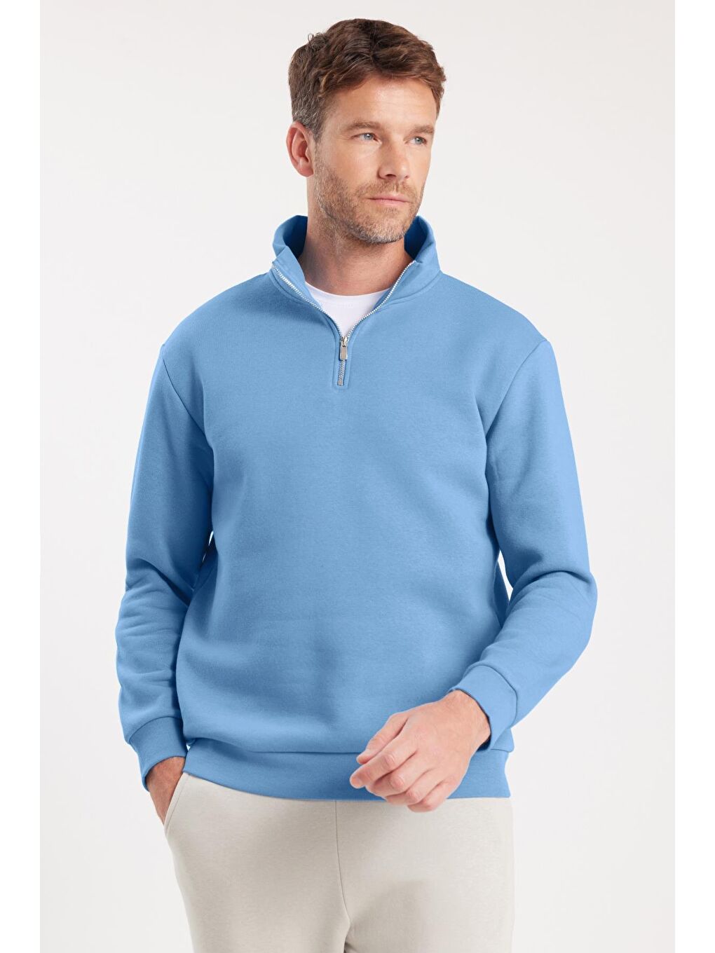 Unisex Relax Fit Rahat Kesim Pamuklu İçi Polarlı Yarım Fermuarlı Mavi Dik Yaka Sweatshirt-3