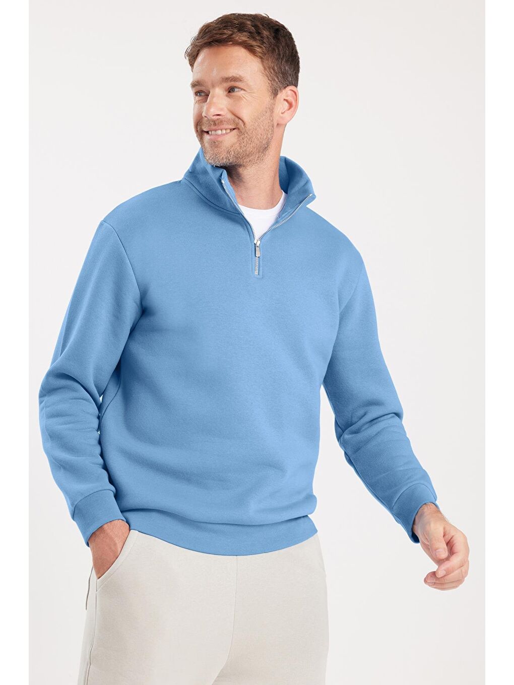 Unisex Relax Fit Rahat Kesim Pamuklu İçi Polarlı Yarım Fermuarlı Mavi Dik Yaka Sweatshirt-4