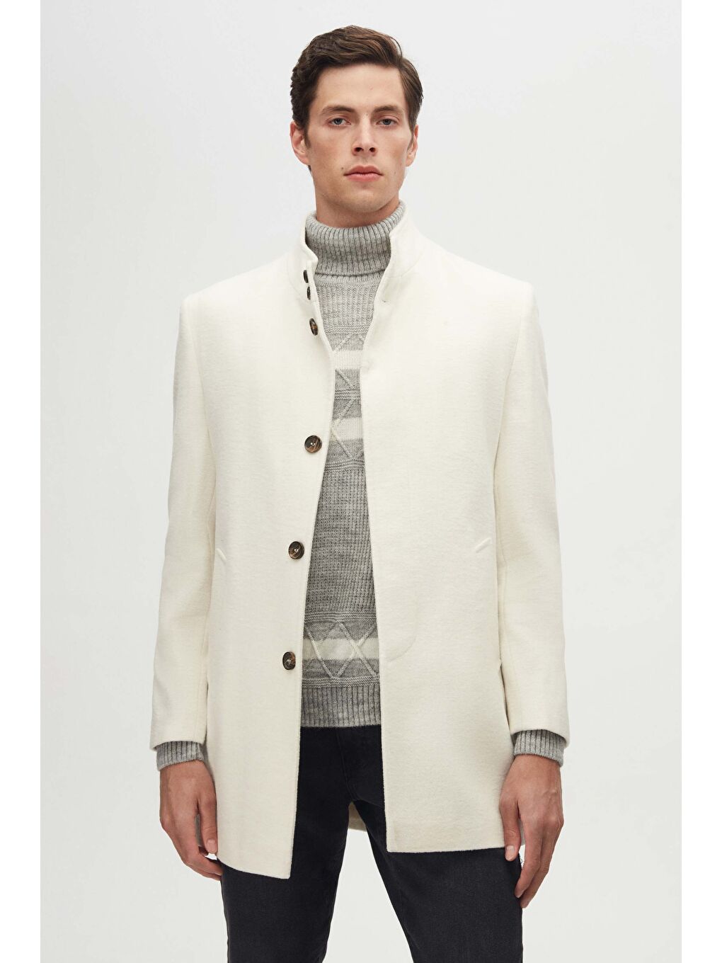 Regular Fit Ekru Hakim Yaka Kaşe Kaban-1