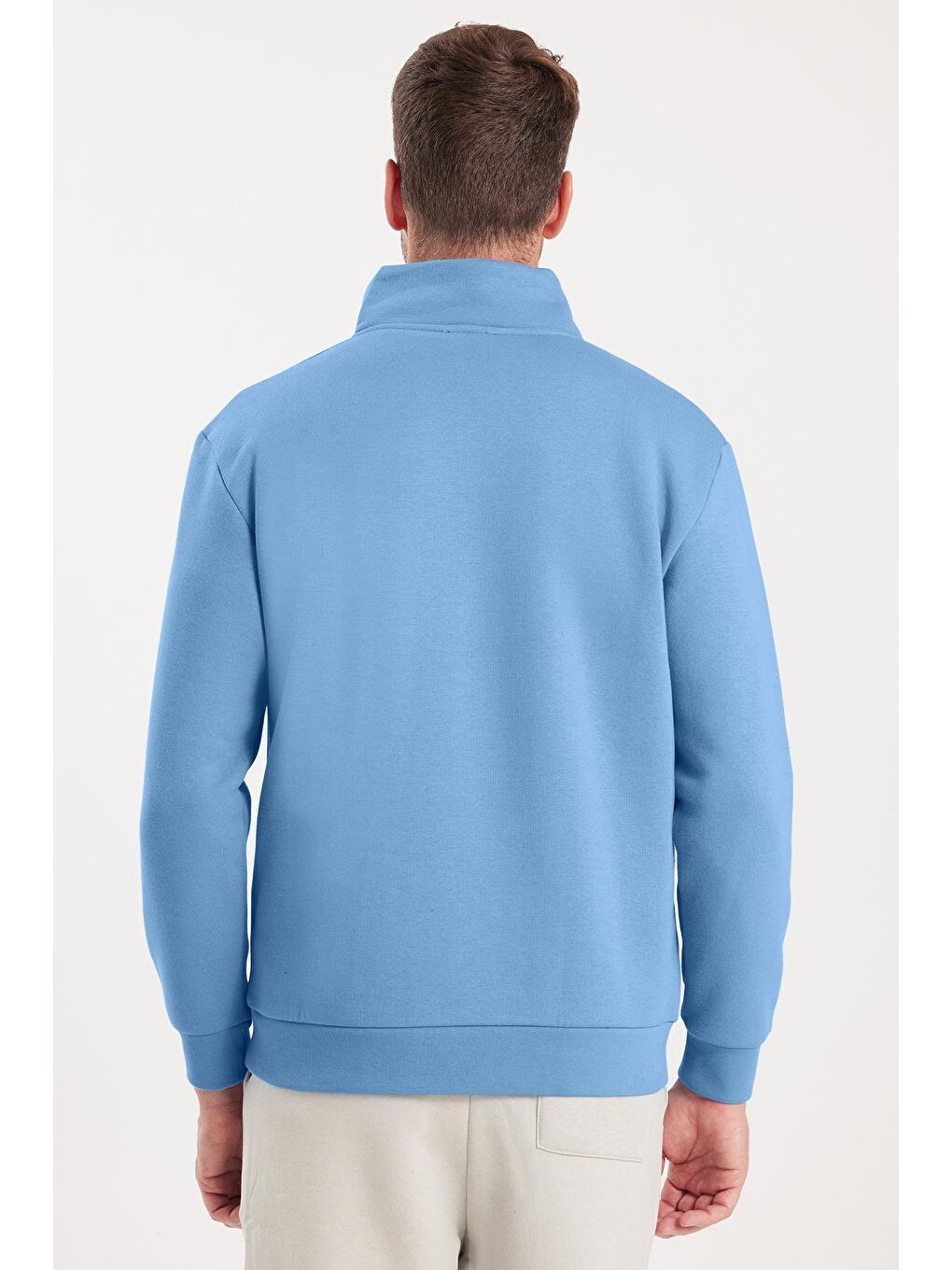 Unisex Relax Fit Rahat Kesim Pamuklu İçi Polarlı Yarım Fermuarlı Mavi Dik Yaka Sweatshirt-6