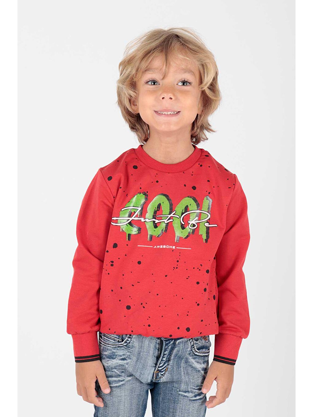 Kırmızı Kids Erkek Cool Baskılı Sweat Uzun Kollu Sweatshirt Pamuklu Ak222402
