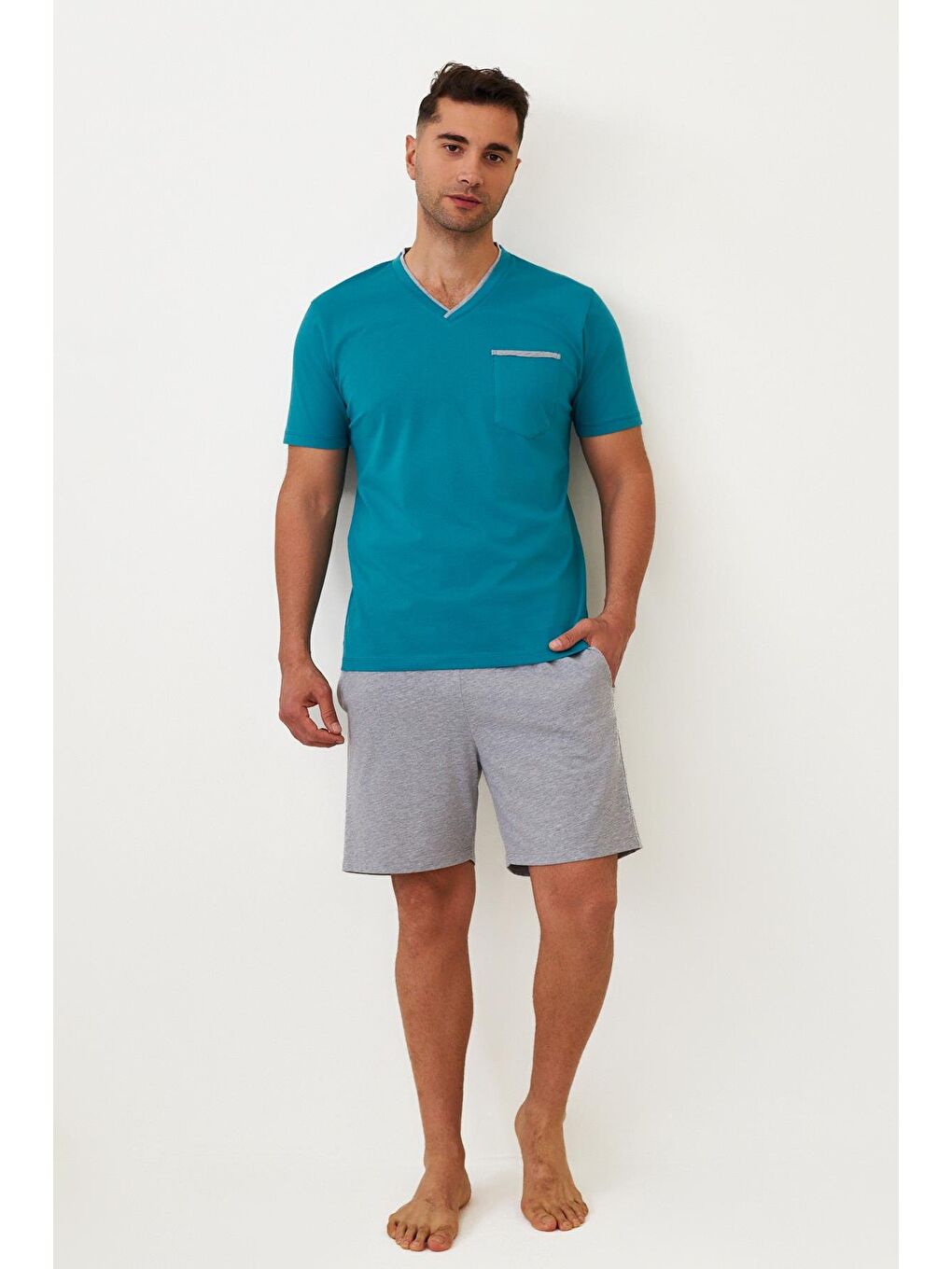Mavi Erkek Cepli Şortlu Pijama Takımı