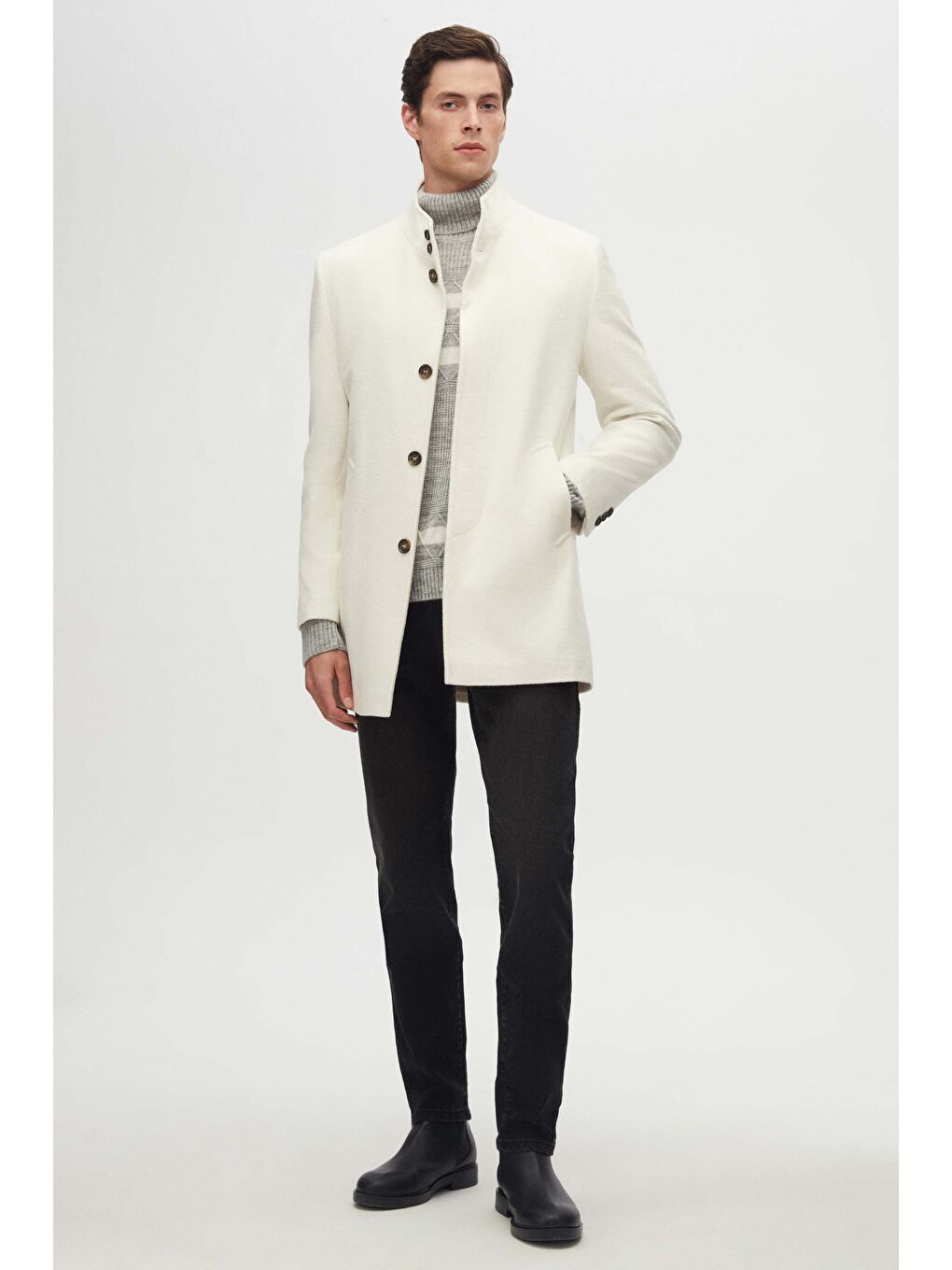 Regular Fit Ekru Hakim Yaka Kaşe Kaban-6