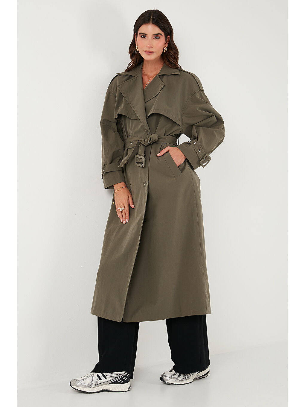 Haki Pamuklu Oversize Kruvaze Yaka Kol Apoletli Rüzgarlıklı Trençkot 6839637-2
