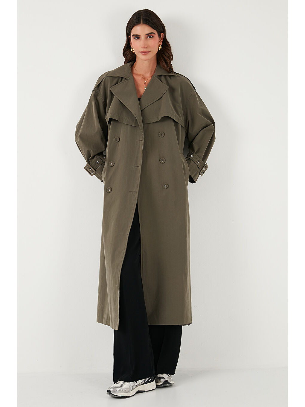 Haki Pamuklu Oversize Kruvaze Yaka Kol Apoletli Rüzgarlıklı Trençkot 6839637-3