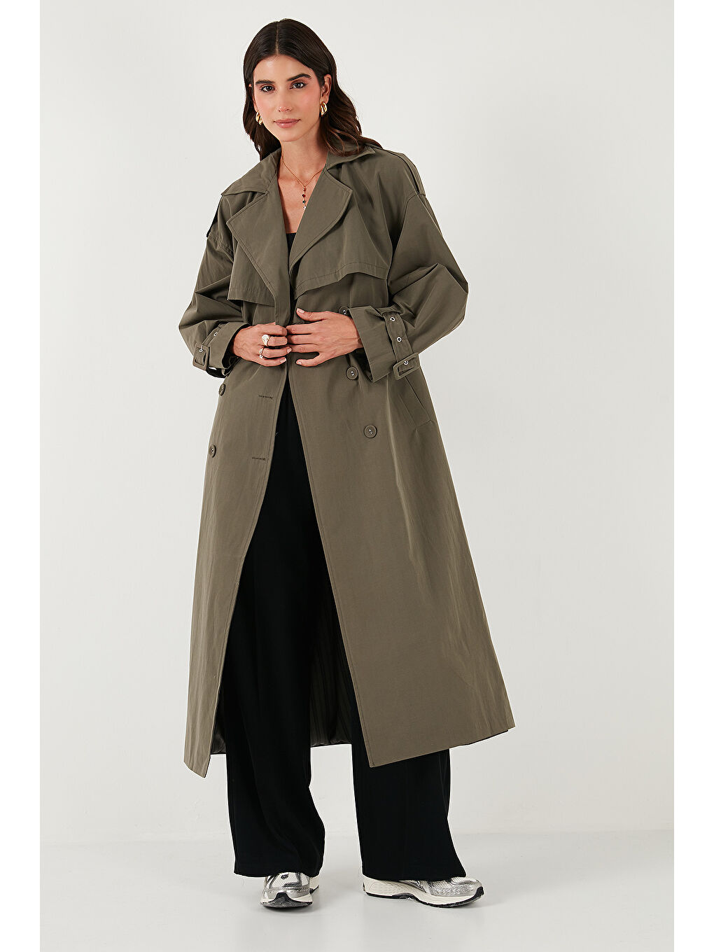 Haki Pamuklu Oversize Kruvaze Yaka Kol Apoletli Rüzgarlıklı Trençkot 6839637-4