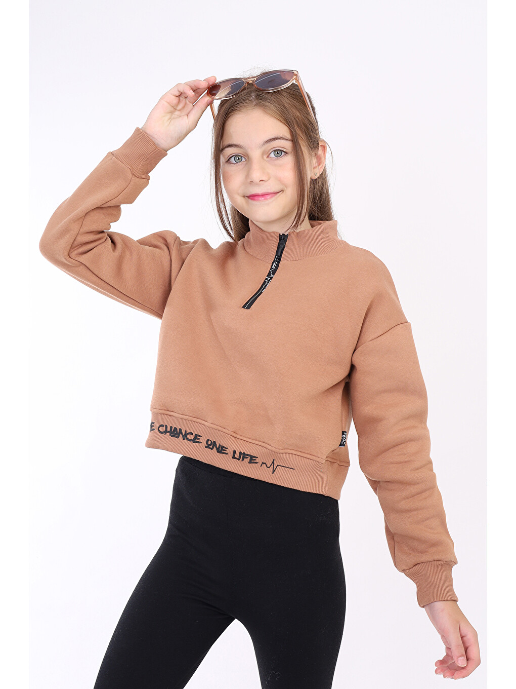 Kahverengi Kız Çocuk Baskılı Sweatshirt