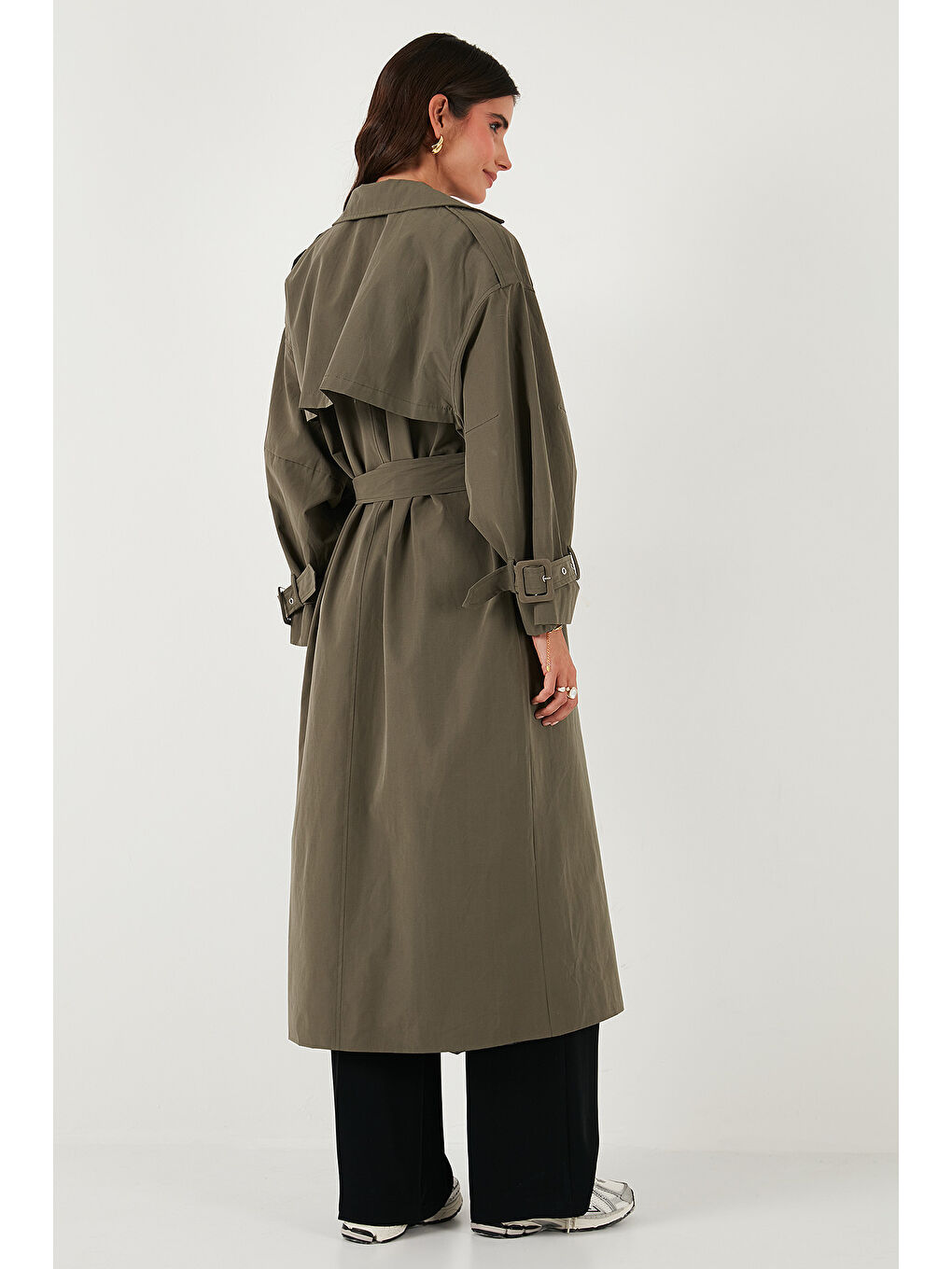 Haki Pamuklu Oversize Kruvaze Yaka Kol Apoletli Rüzgarlıklı Trençkot 6839637-6