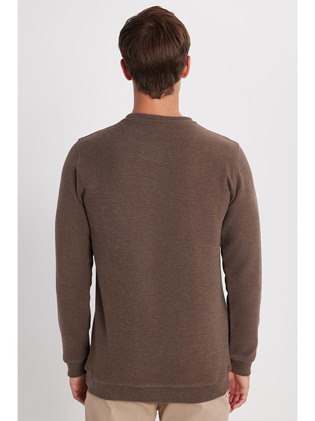 Erkek Slim Fit Dar Kesim Pamuklu Selanik Kumaş Bisiklet Yaka Kahverengi Sweatshirt-4