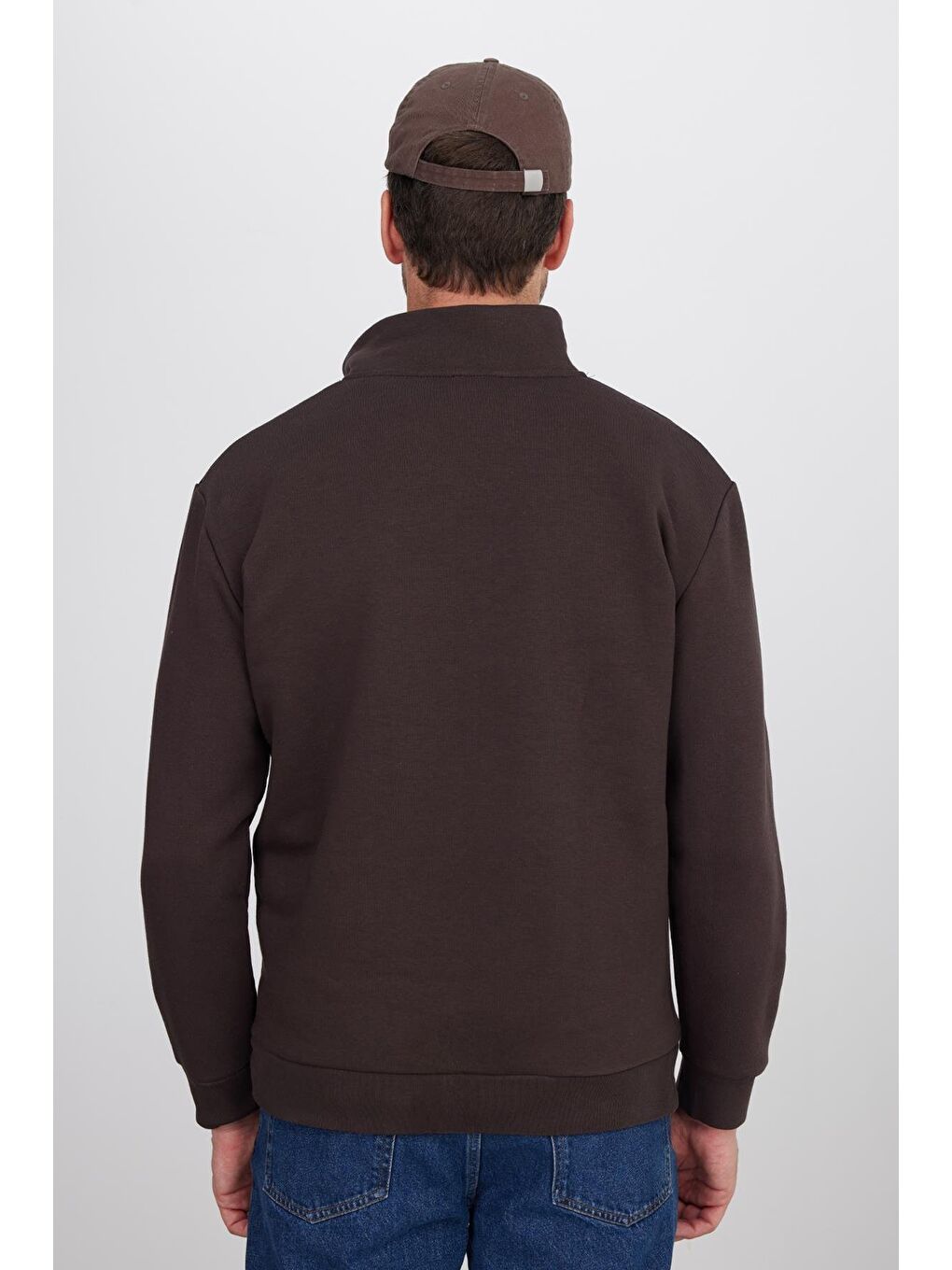 Unisex Relax Fit Rahat Kesim Pamuklu İçi Polarlı Yarım Fermuarlı Kahverengi Dik Yaka Sweatshirt-6