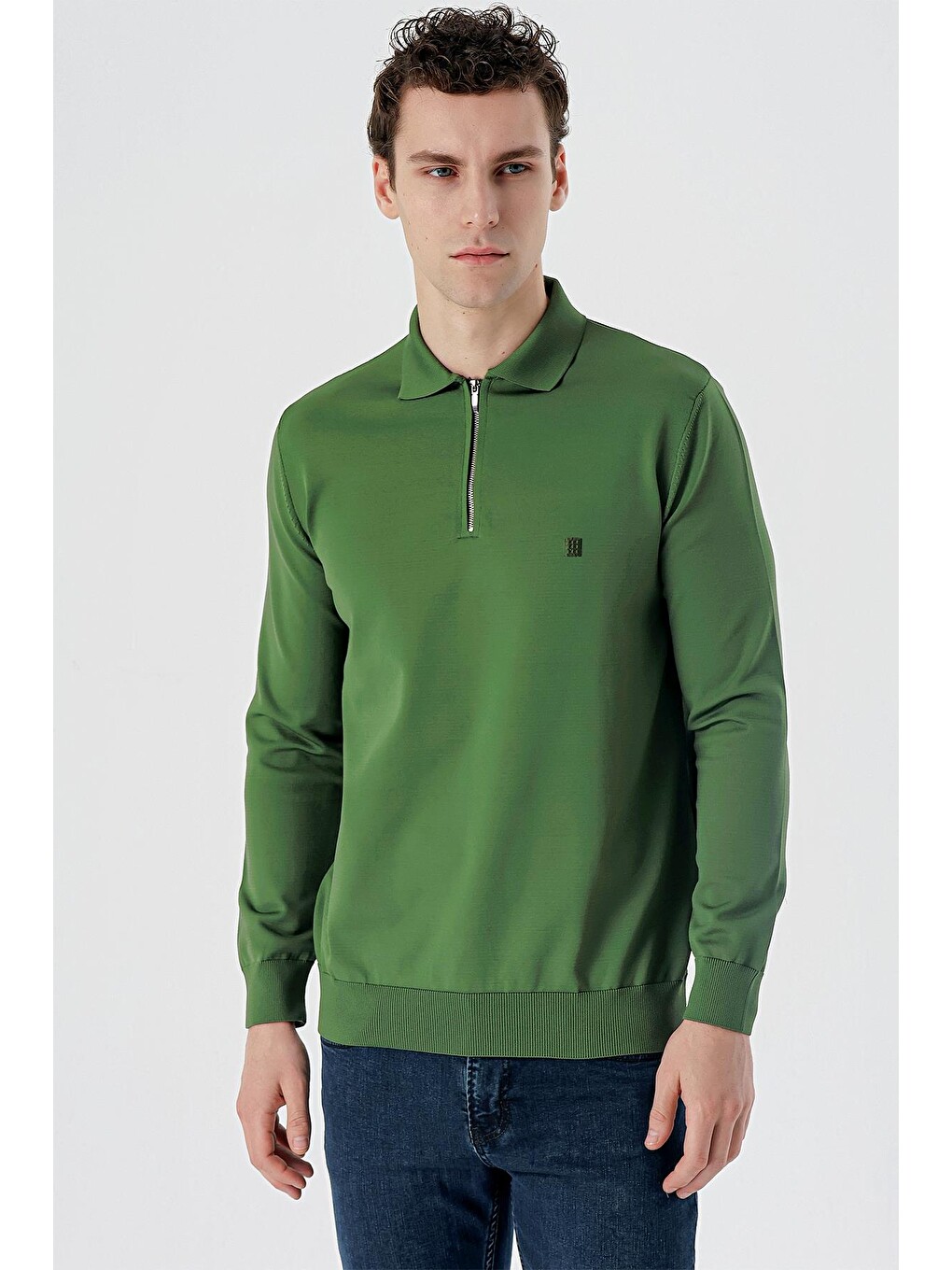 Koyu Haki Örme Polo Yaka Klasik Slim Fit Dar Kesim Triko 1012235169