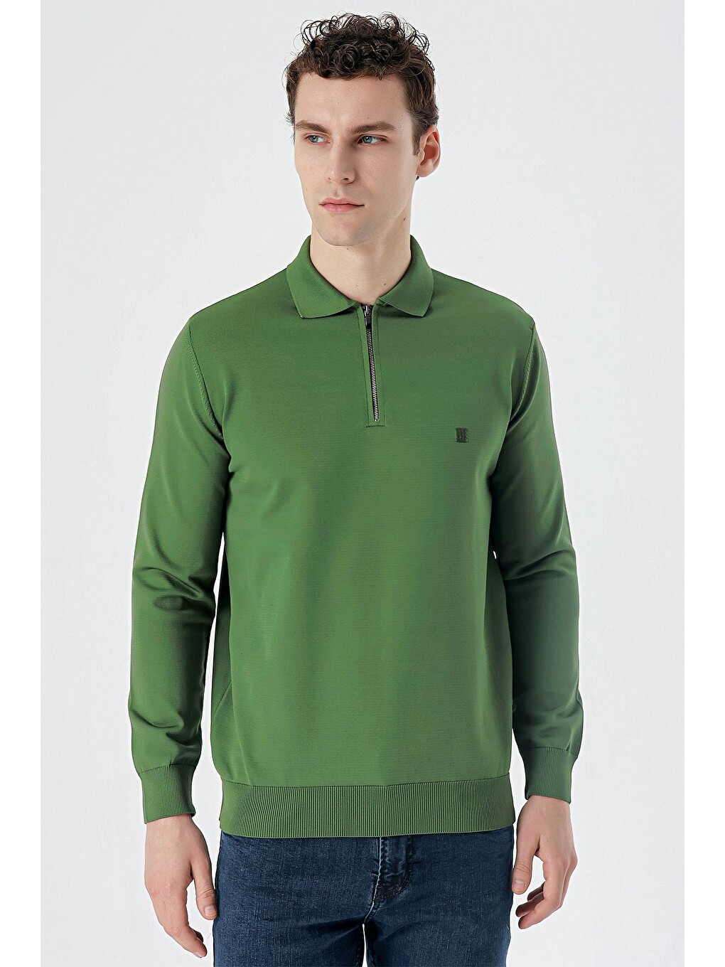 Koyu Haki Örme Polo Yaka Klasik Slim Fit Dar Kesim Triko 1012235169-1