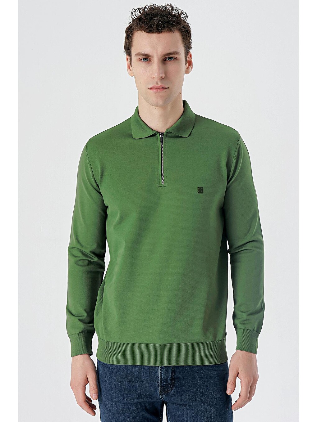 Koyu Haki Örme Polo Yaka Klasik Slim Fit Dar Kesim Triko 1012235169-2